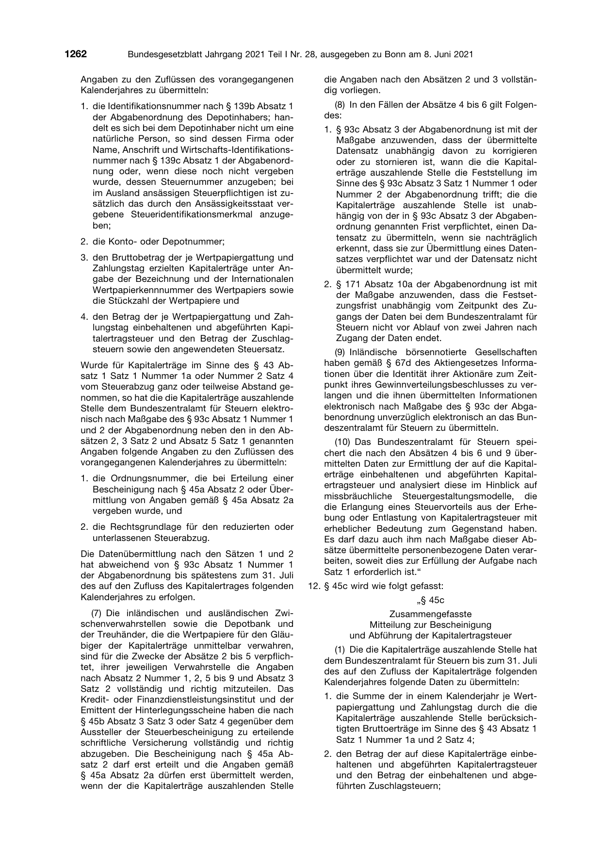 BGBl. 2021, Seite 1262 — Originalseite als Abbildung