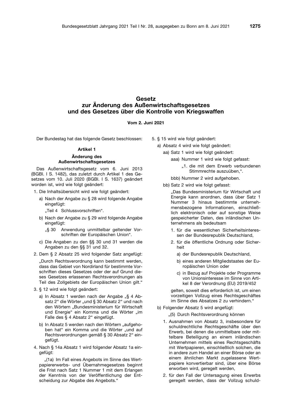 BGBl. 2021, Seite 1275 — Originalseite als Abbildung
