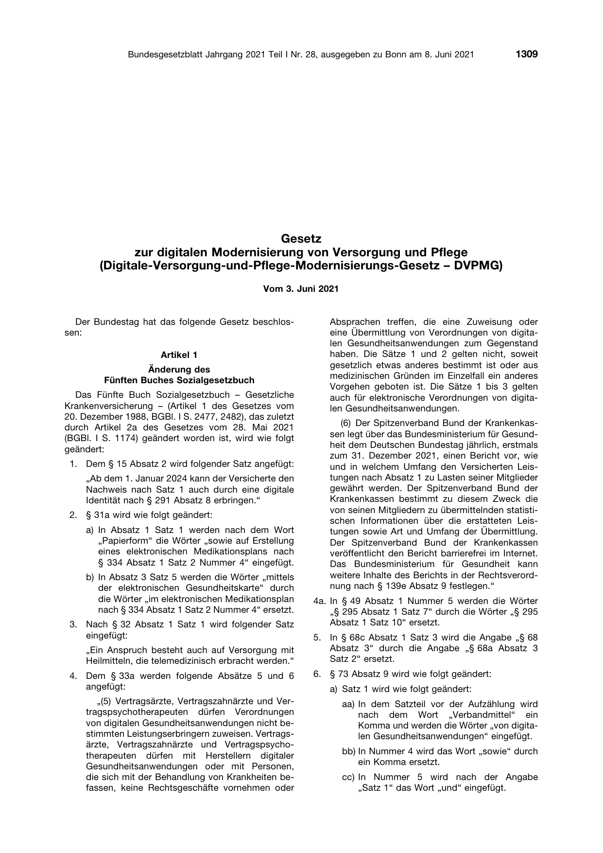 BGBl. 2021, Seite 1309 — Originalseite als Abbildung