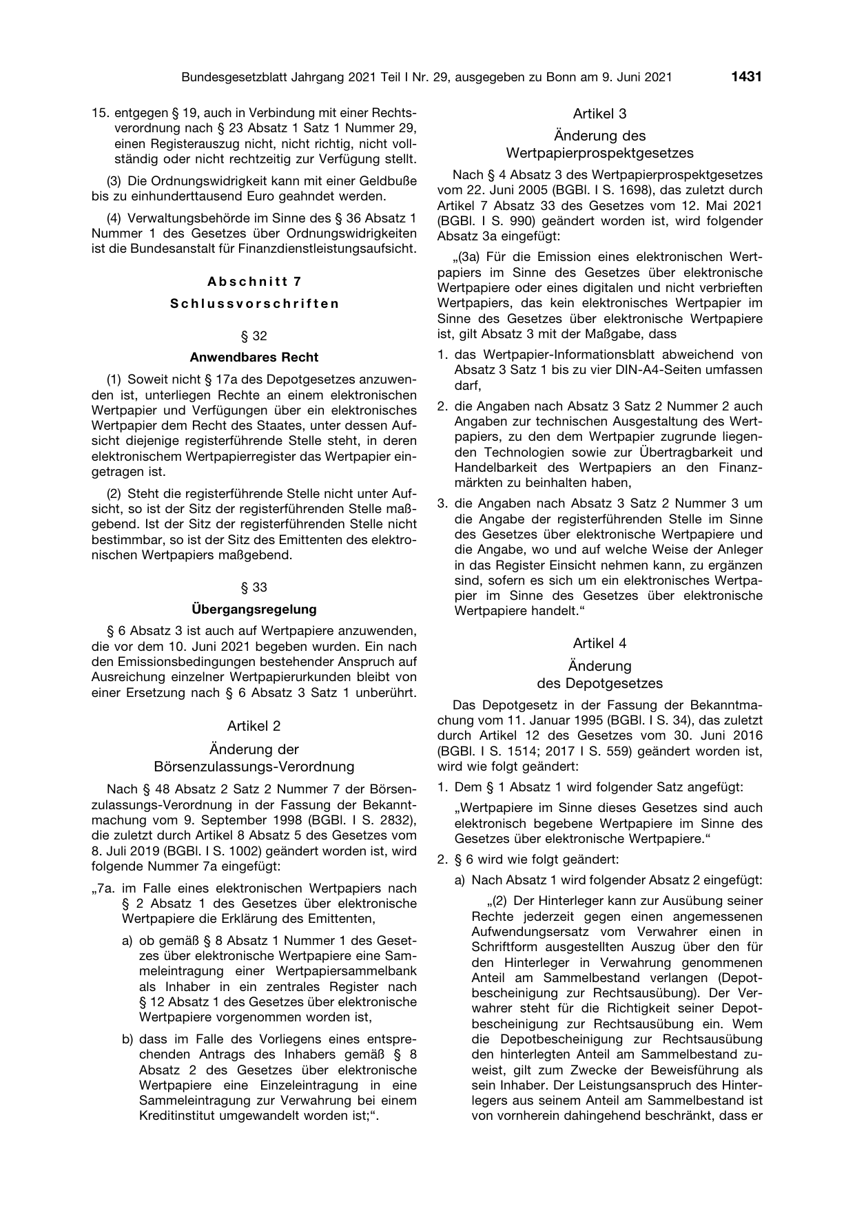 BGBl. 2021, Seite 1431 — Originalseite als Abbildung