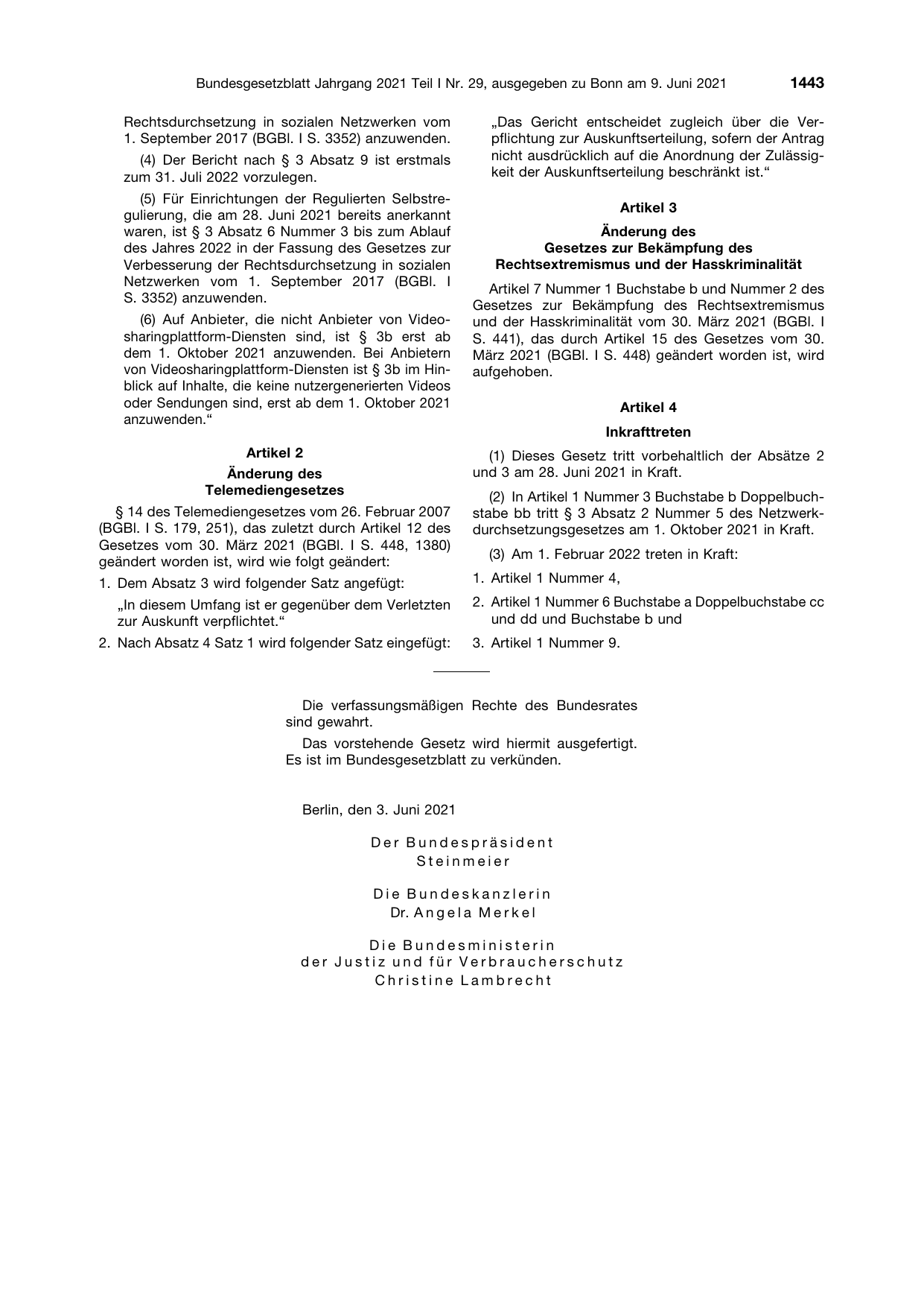 BGBl. 2021, Seite 1443 — Originalseite als Abbildung