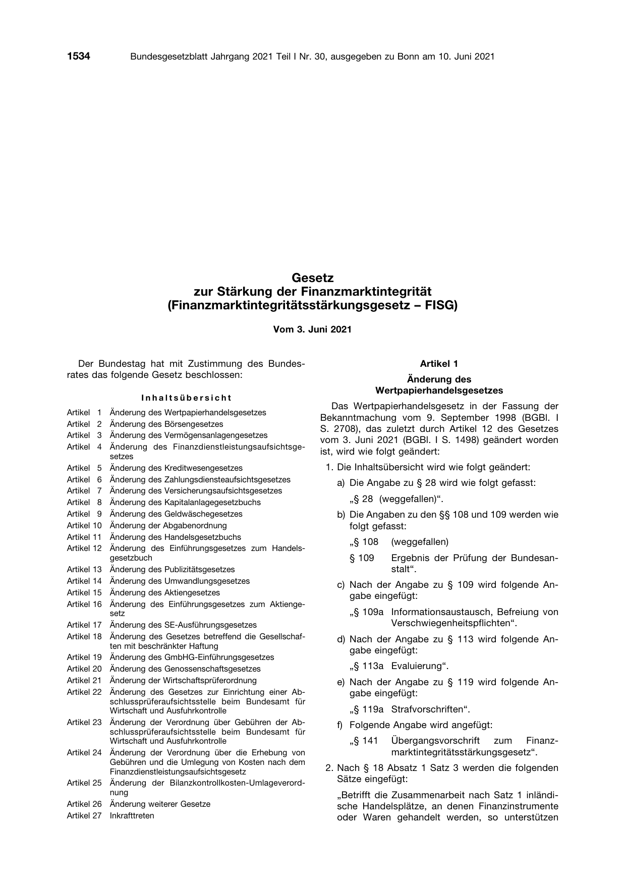 BGBl. 2021, Seite 1534 — Originalseite als Abbildung