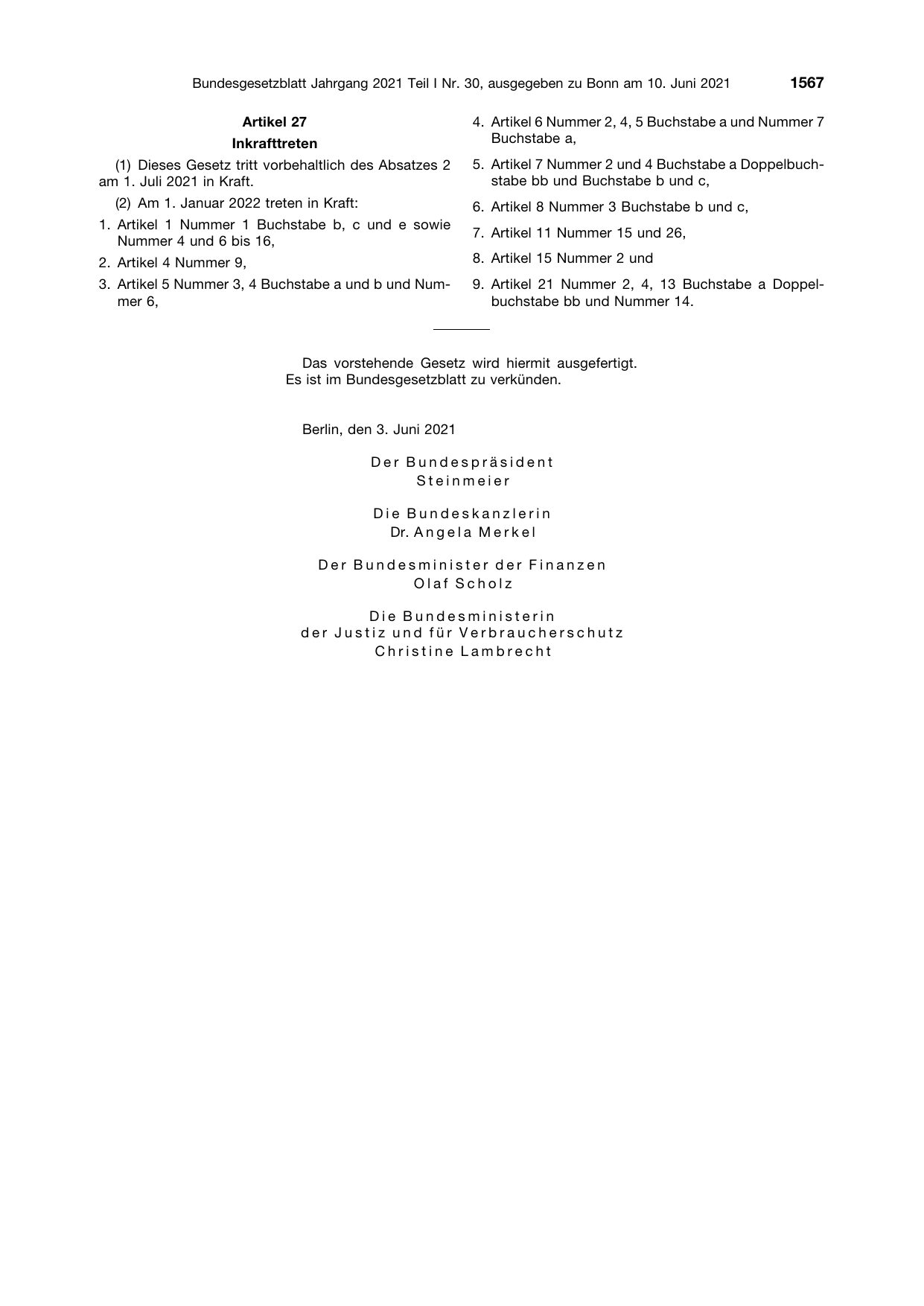 BGBl. 2021, Seite 1567 — Originalseite als Abbildung