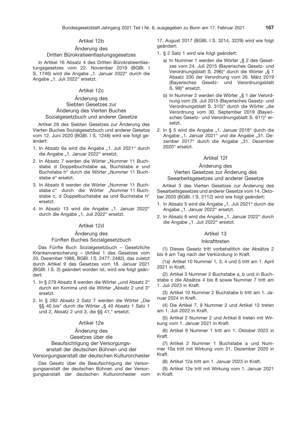 BGBl. 2021, Seite 167 — Originalseite als Abbildung