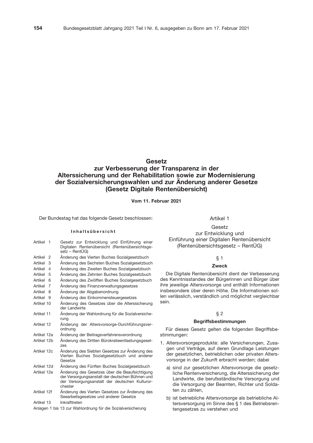 BGBl. 2021, Seite 154 — Originalseite als Abbildung