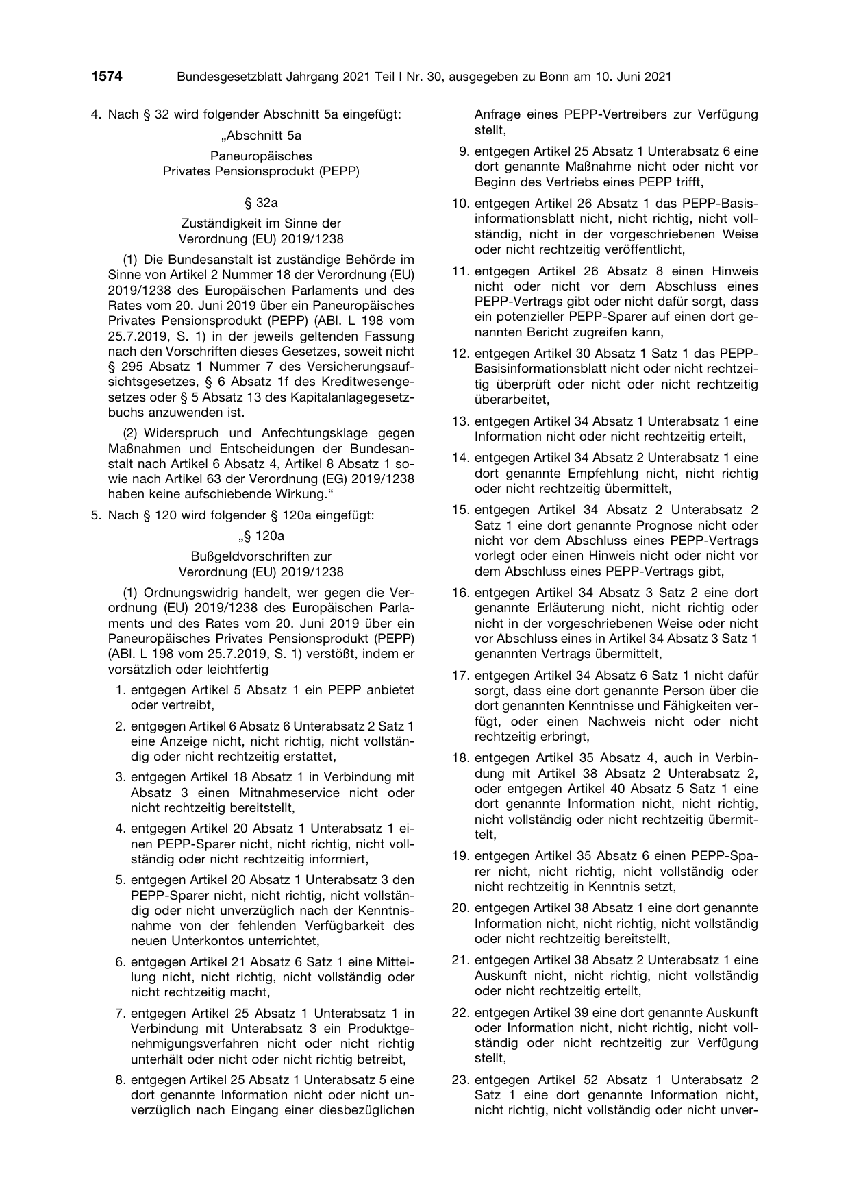 BGBl. 2021, Seite 1574 — Originalseite als Abbildung