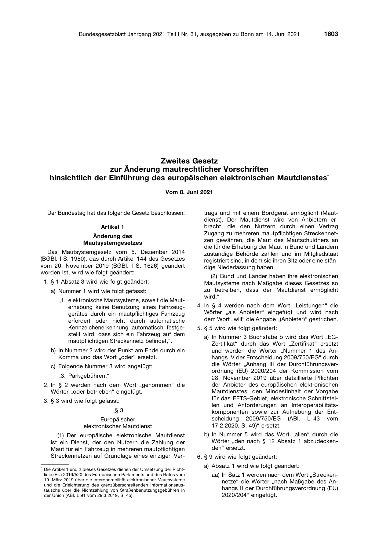 BGBl. 2021, Seite 1603 — Originalseite als Abbildung