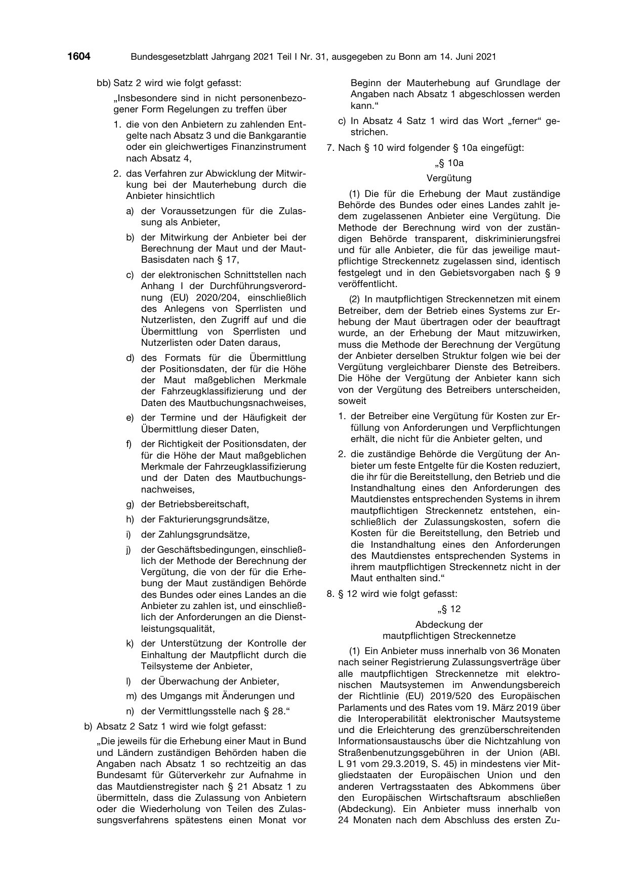 BGBl. 2021, Seite 1604 — Originalseite als Abbildung