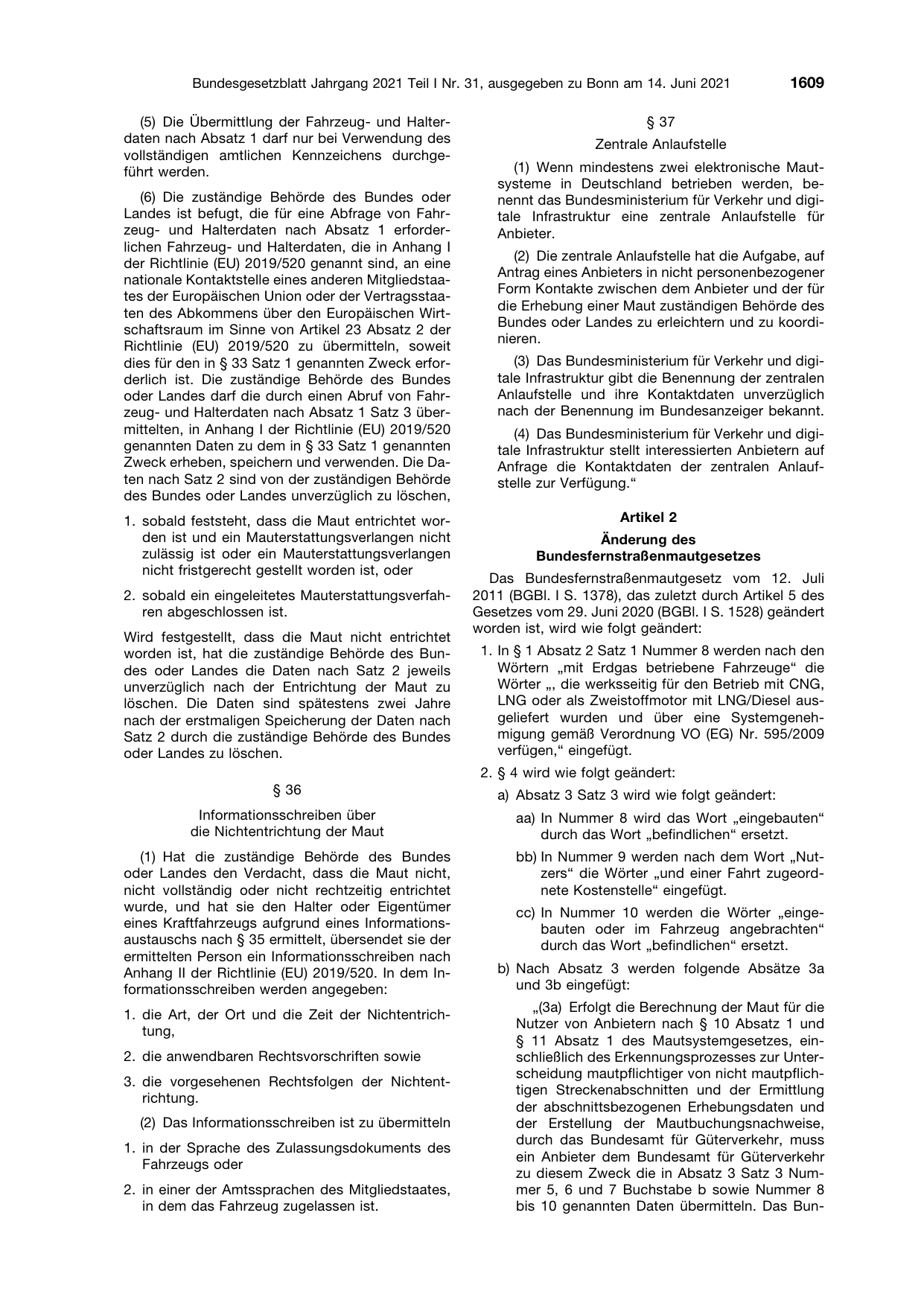 BGBl. 2021, Seite 1609 — Originalseite als Abbildung