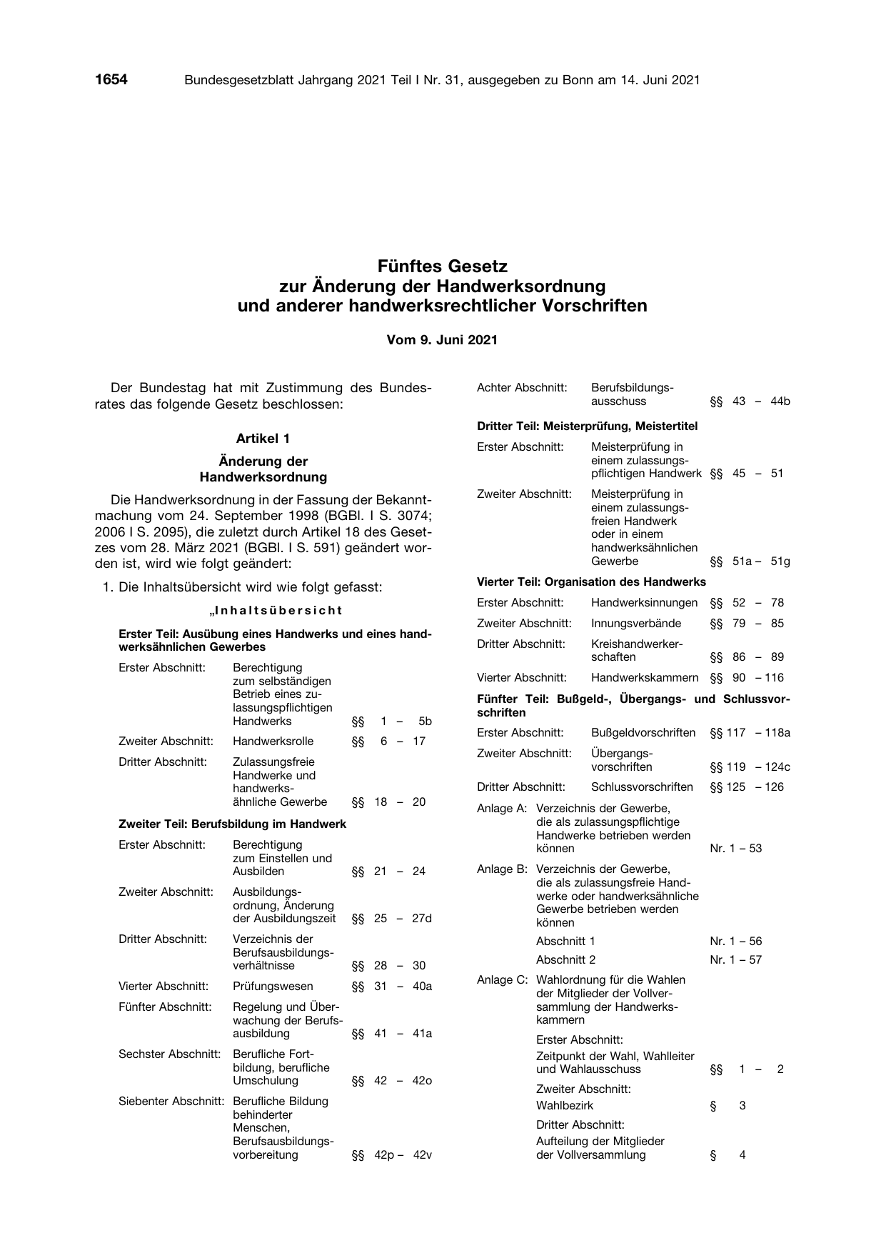 BGBl. 2021, Seite 1654 — Originalseite als Abbildung
