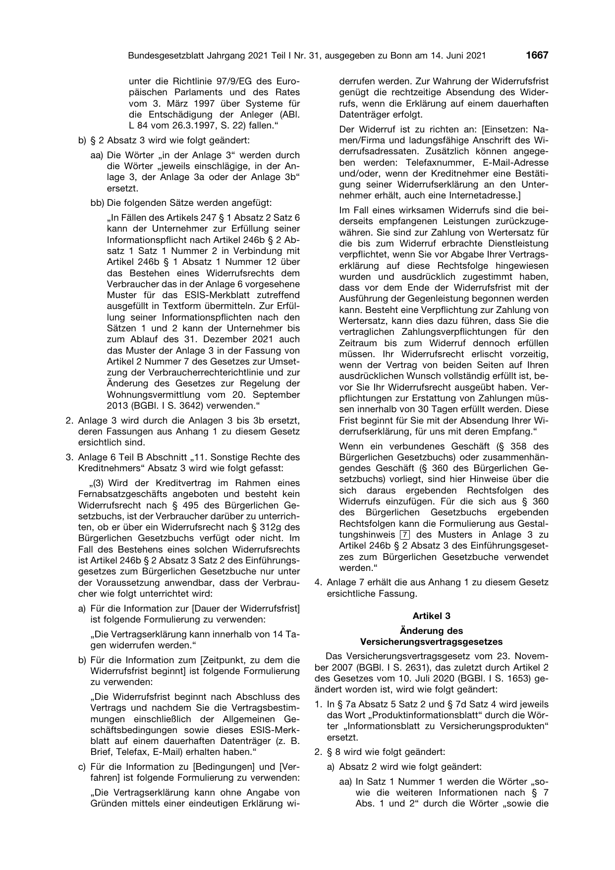 BGBl. 2021, Seite 1667 — Originalseite als Abbildung
