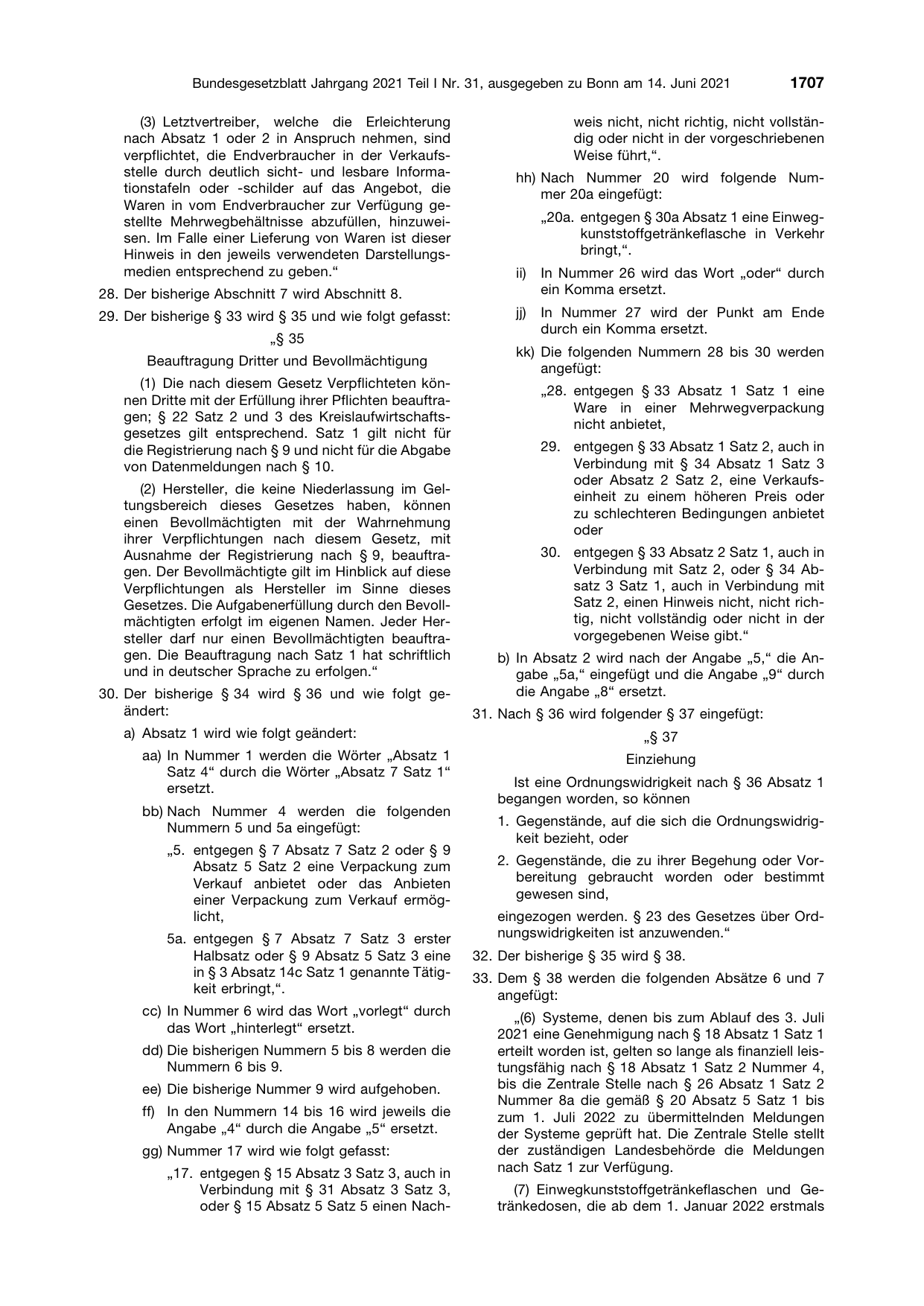 BGBl. 2021, Seite 1707 — Originalseite als Abbildung