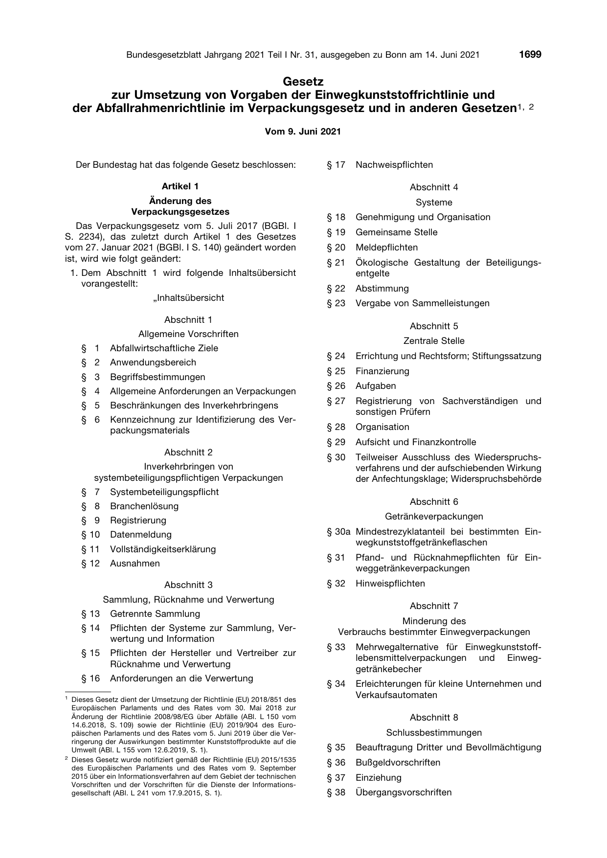 BGBl. 2021, Seite 1699 — Originalseite als Abbildung