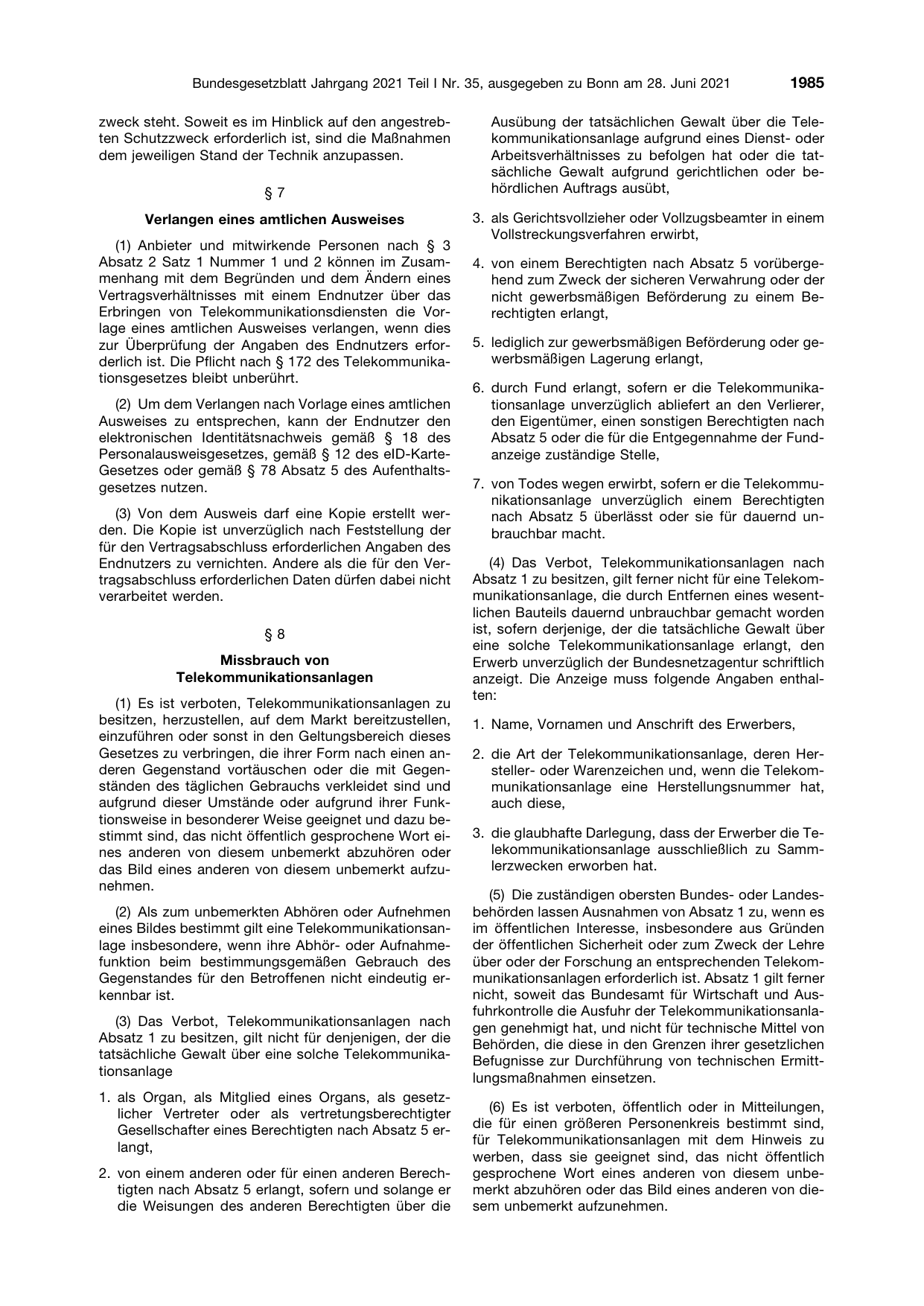 BGBl. 2021, Seite 1985 — Originalseite als Abbildung