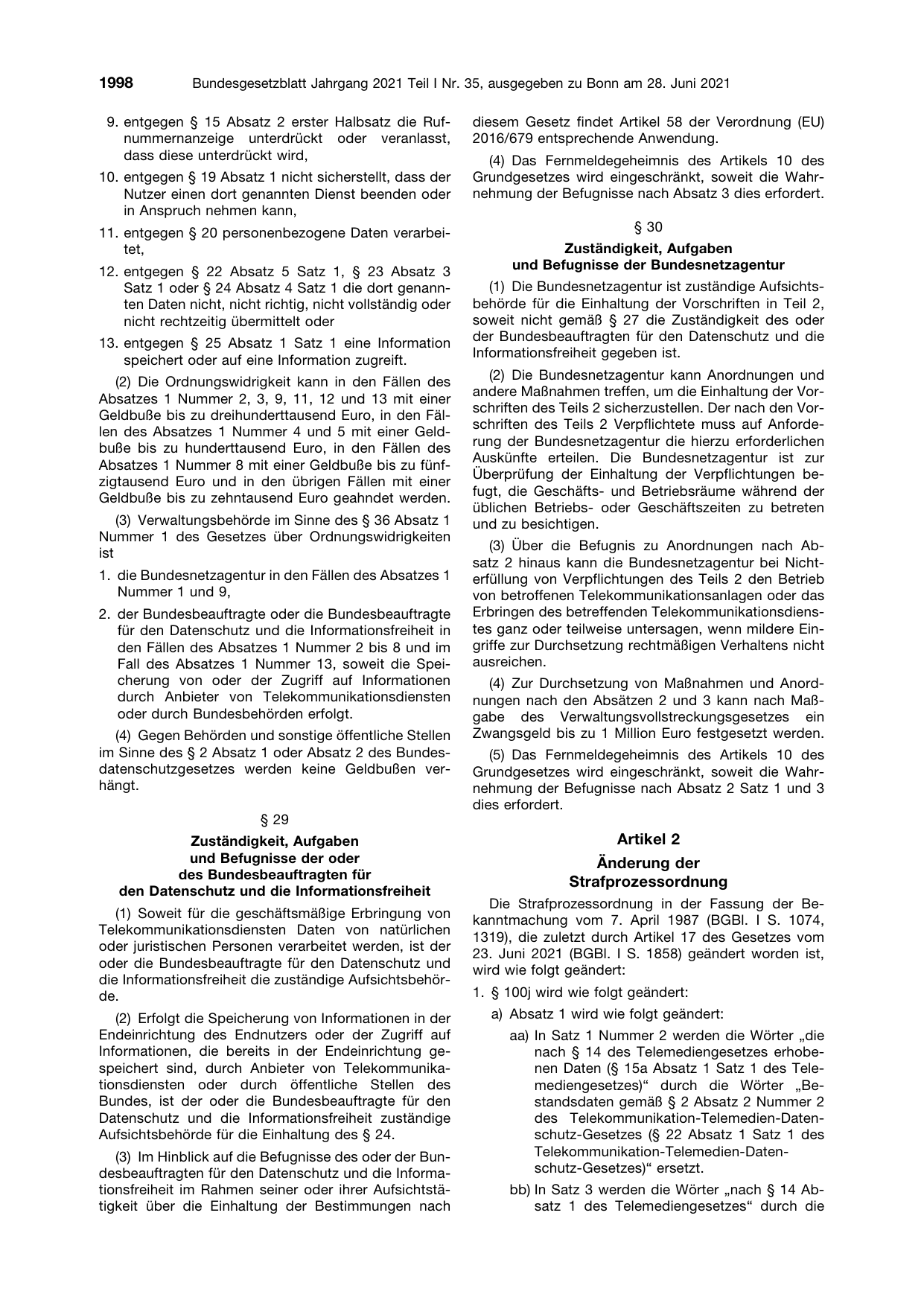 BGBl. 2021, Seite 1998 — Originalseite als Abbildung