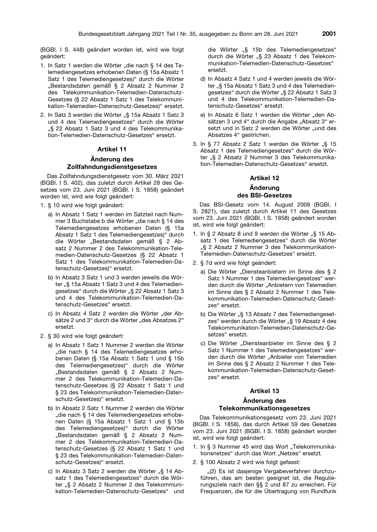 BGBl. 2021, Seite 2001 — Originalseite als Abbildung