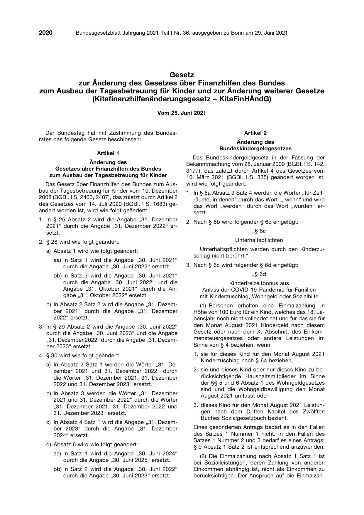 BGBl. 2021, Seite 2020 — Originalseite als Abbildung
