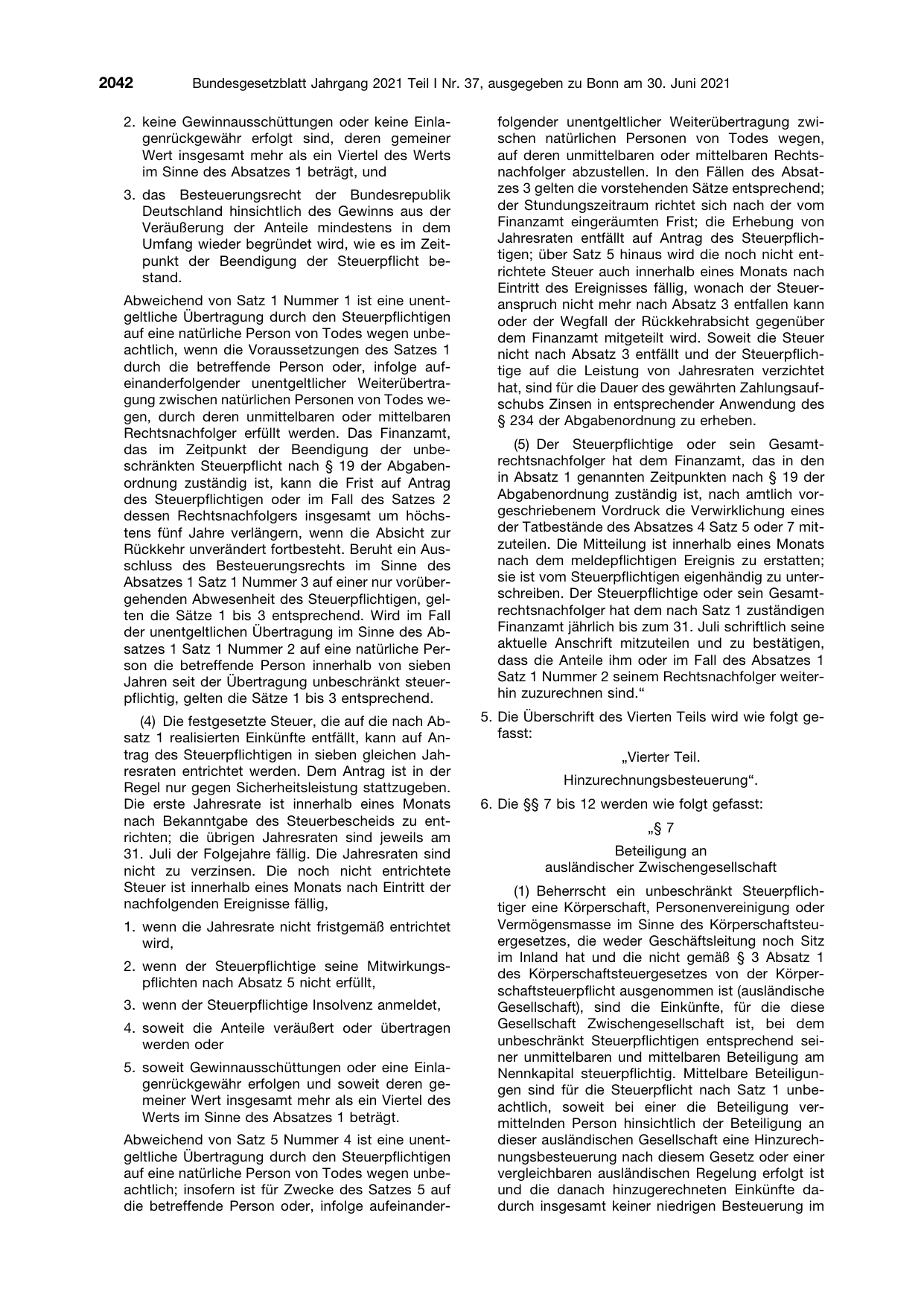 BGBl. 2021, Seite 2042 — Originalseite als Abbildung
