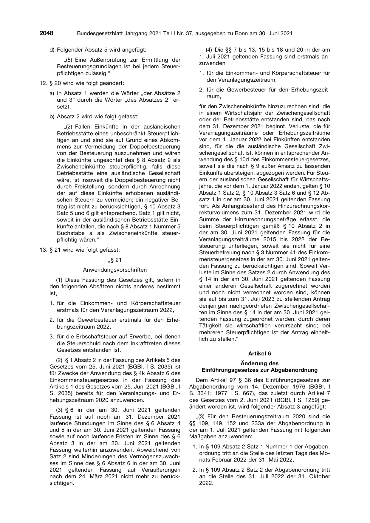 BGBl. 2021, Seite 2048 — Originalseite als Abbildung