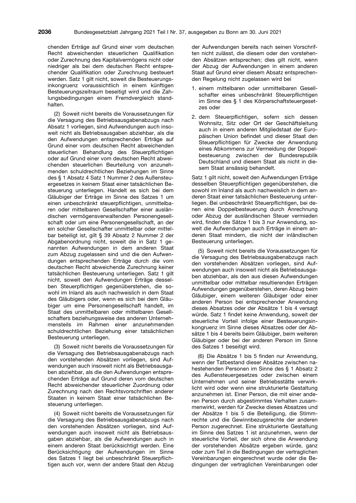 BGBl. 2021, Seite 2036 — Originalseite als Abbildung