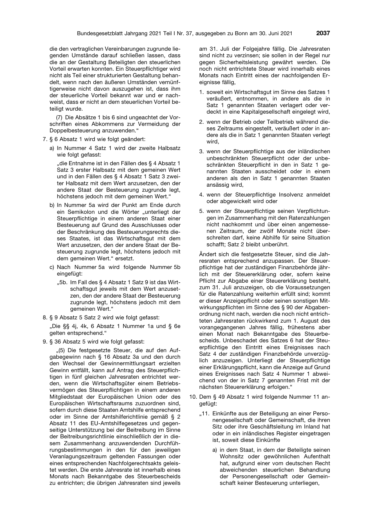 BGBl. 2021, Seite 2037 — Originalseite als Abbildung