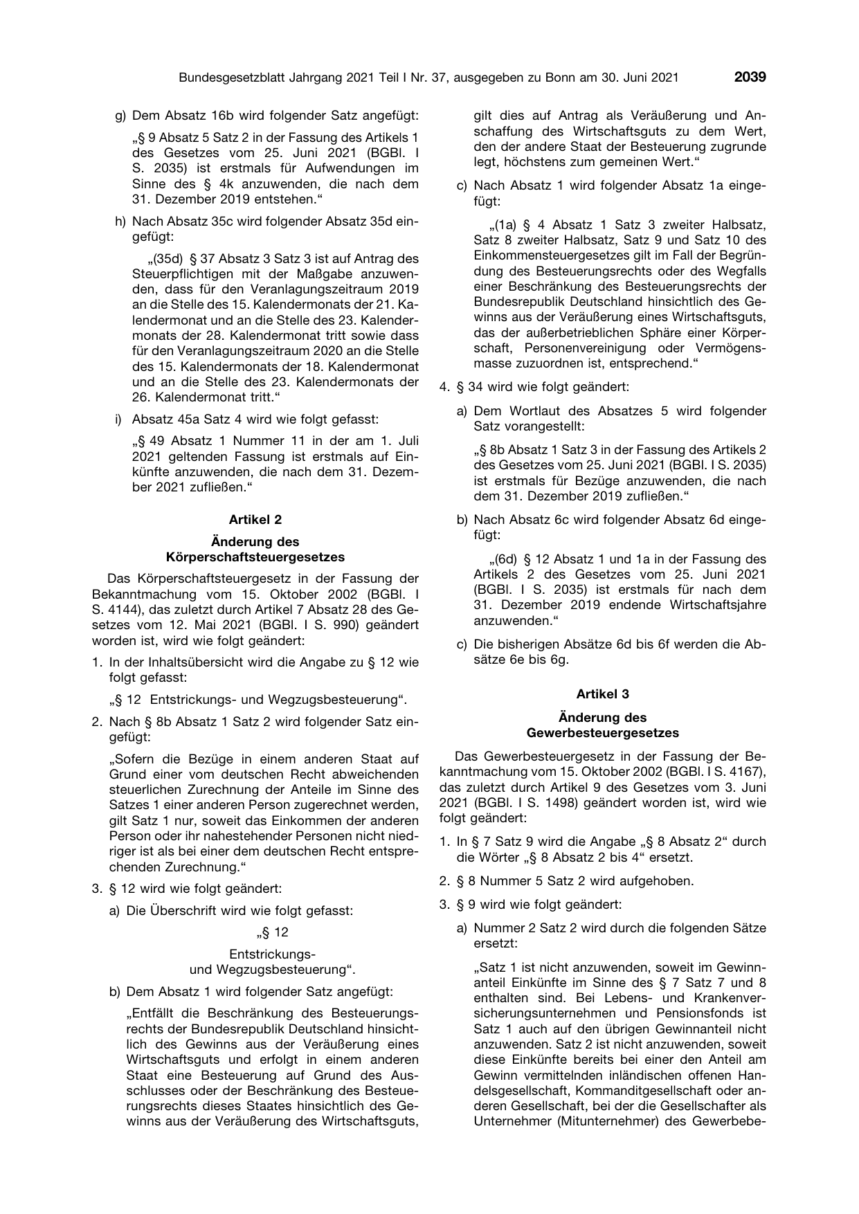 BGBl. 2021, Seite 2039 — Originalseite als Abbildung