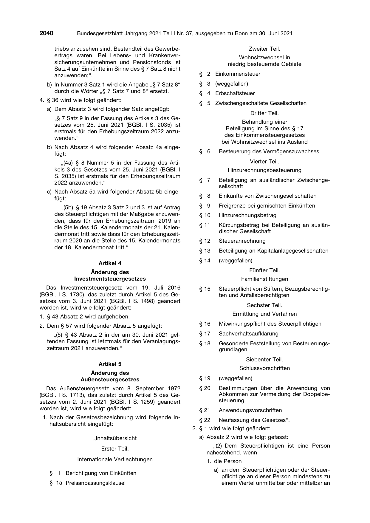 BGBl. 2021, Seite 2040 — Originalseite als Abbildung