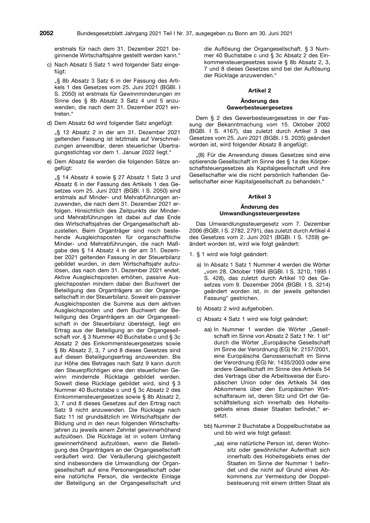 BGBl. 2021, Seite 2052 — Originalseite als Abbildung