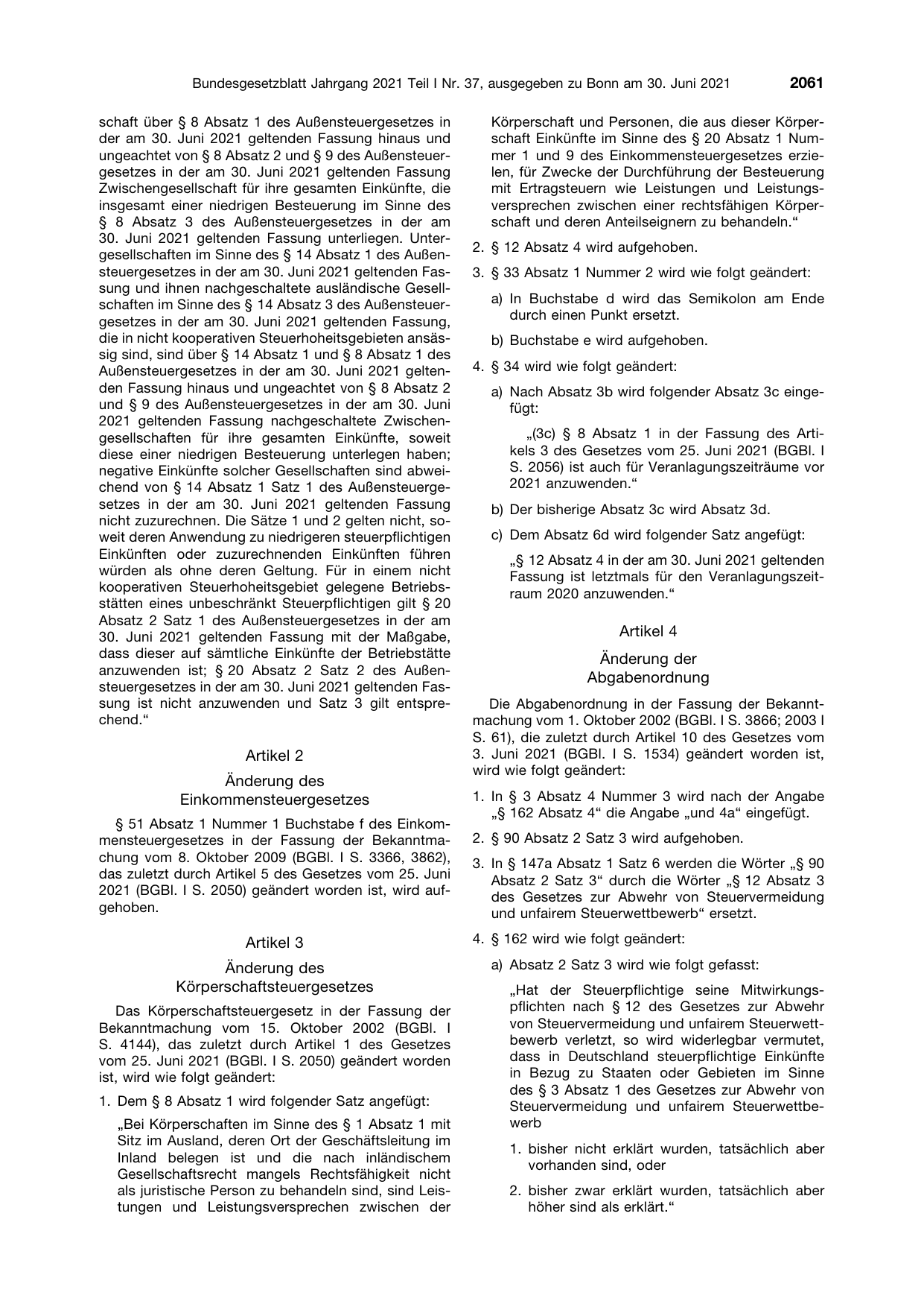 BGBl. 2021, Seite 2061 — Originalseite als Abbildung