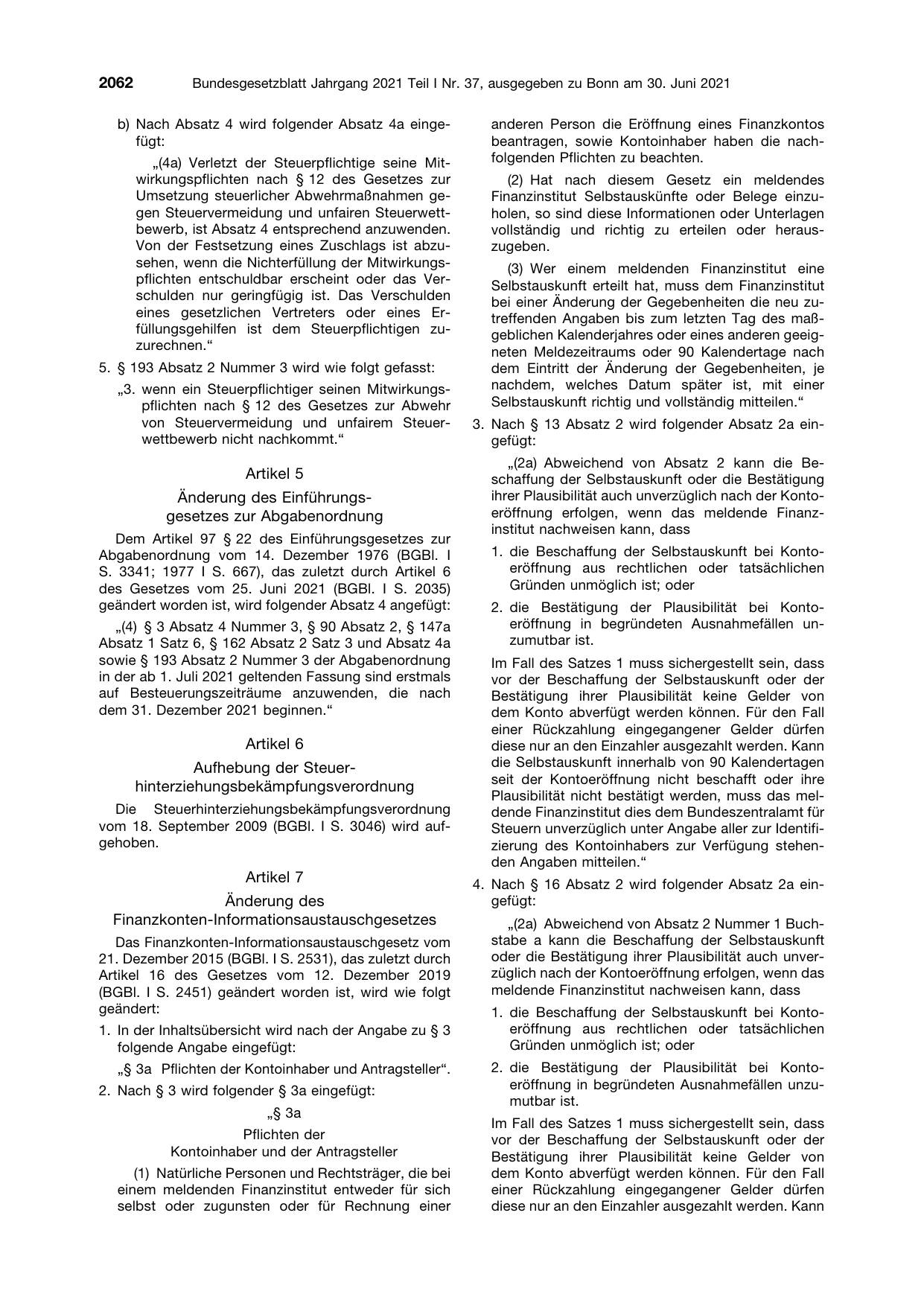 BGBl. 2021, Seite 2062 — Originalseite als Abbildung