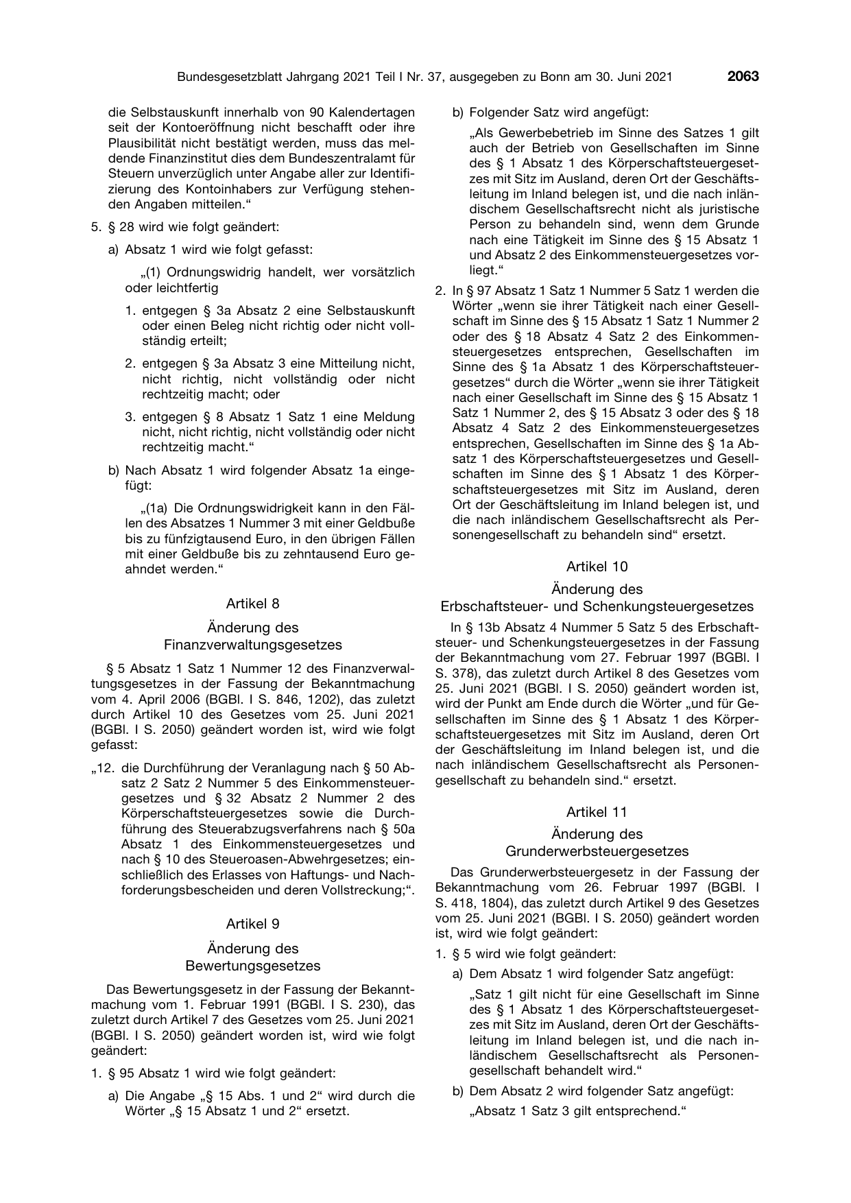 BGBl. 2021, Seite 2063 — Originalseite als Abbildung