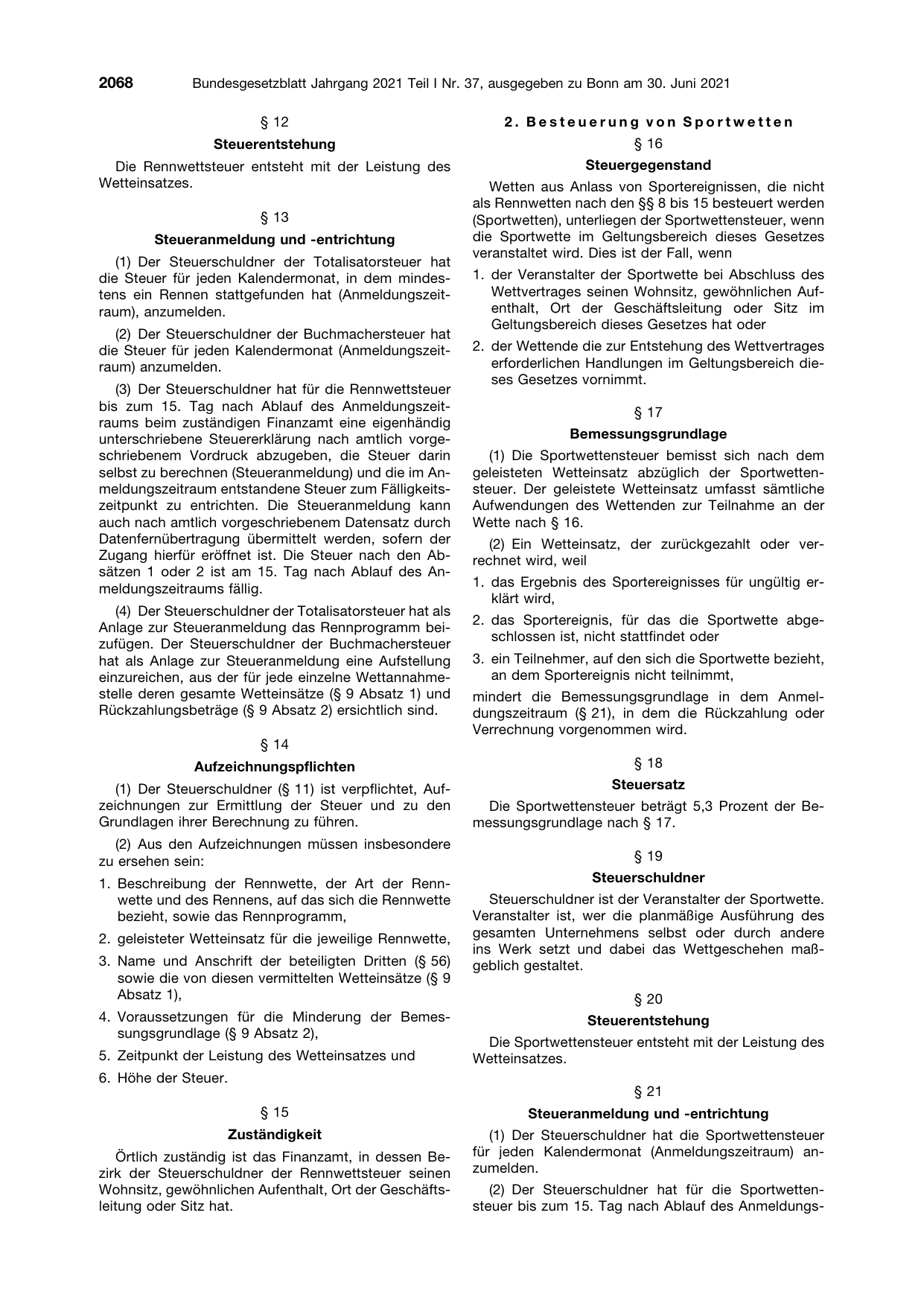 BGBl. 2021, Seite 2068 — Originalseite als Abbildung