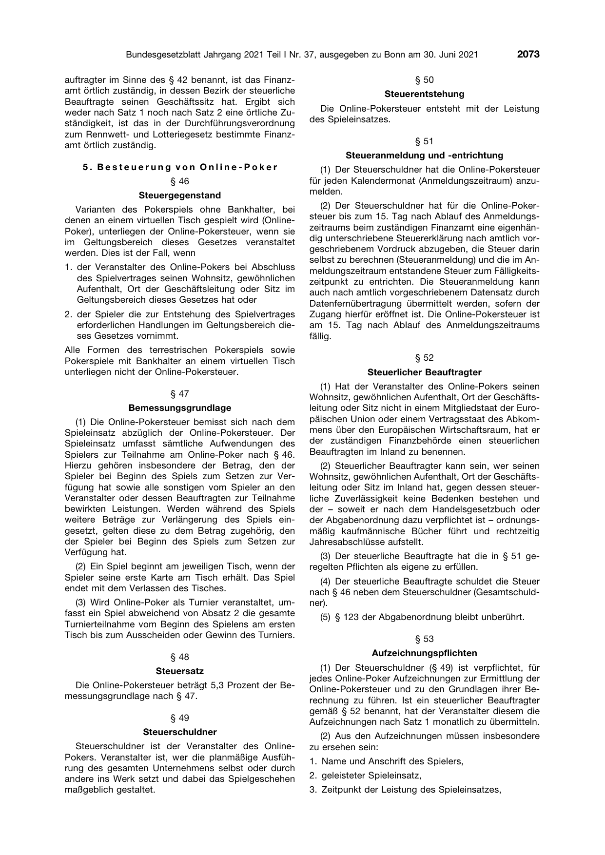 BGBl. 2021, Seite 2073 — Originalseite als Abbildung