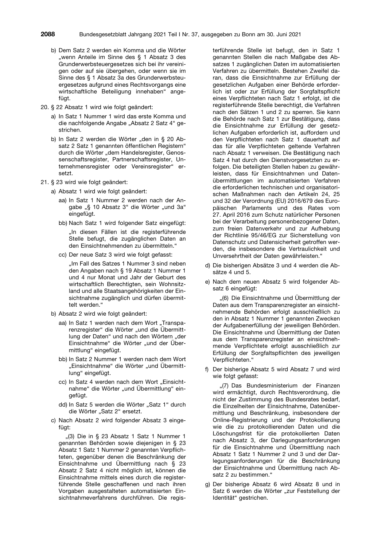 BGBl. 2021, Seite 2088 — Originalseite als Abbildung