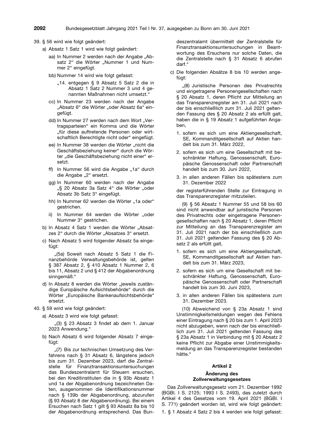 BGBl. 2021, Seite 2092 — Originalseite als Abbildung