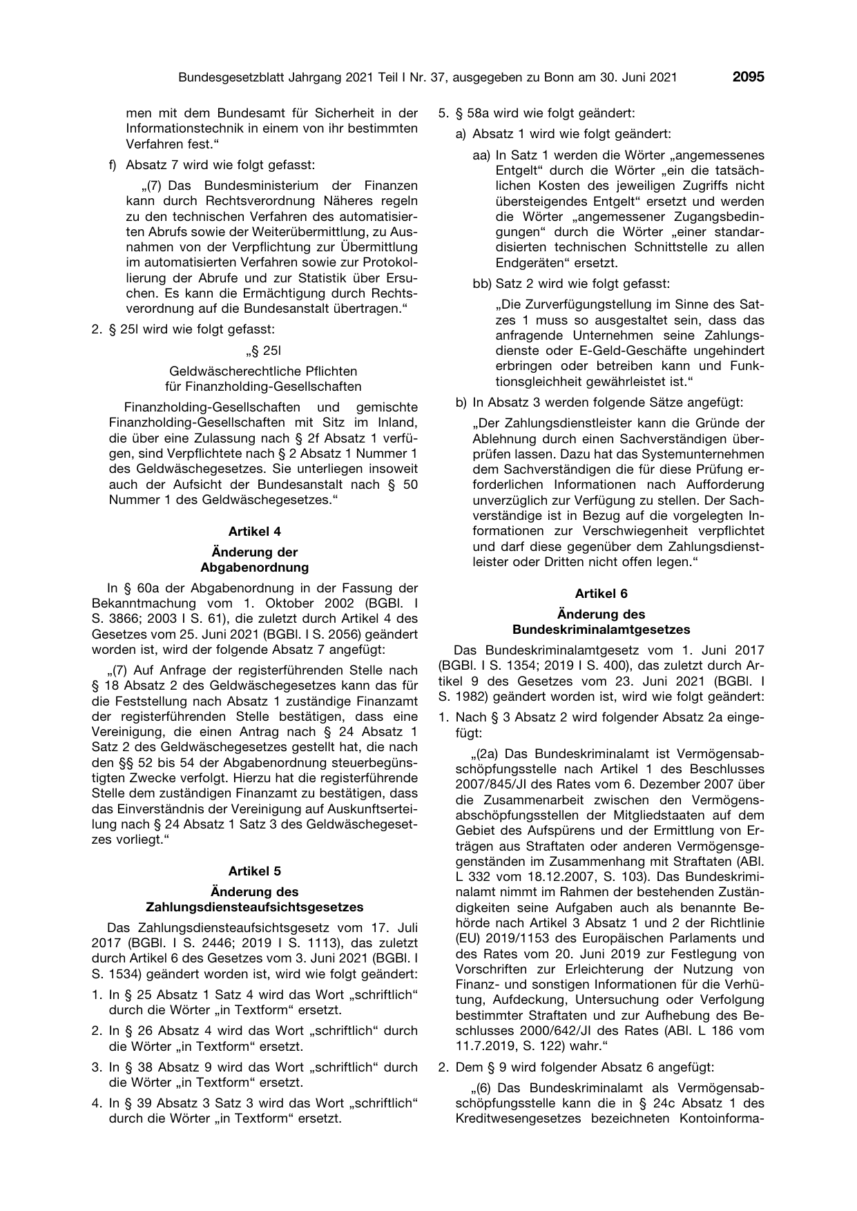 BGBl. 2021, Seite 2095 — Originalseite als Abbildung