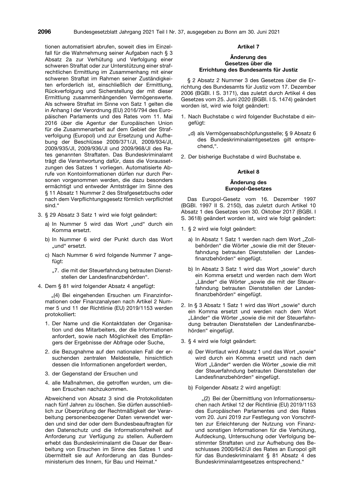 BGBl. 2021, Seite 2096 — Originalseite als Abbildung