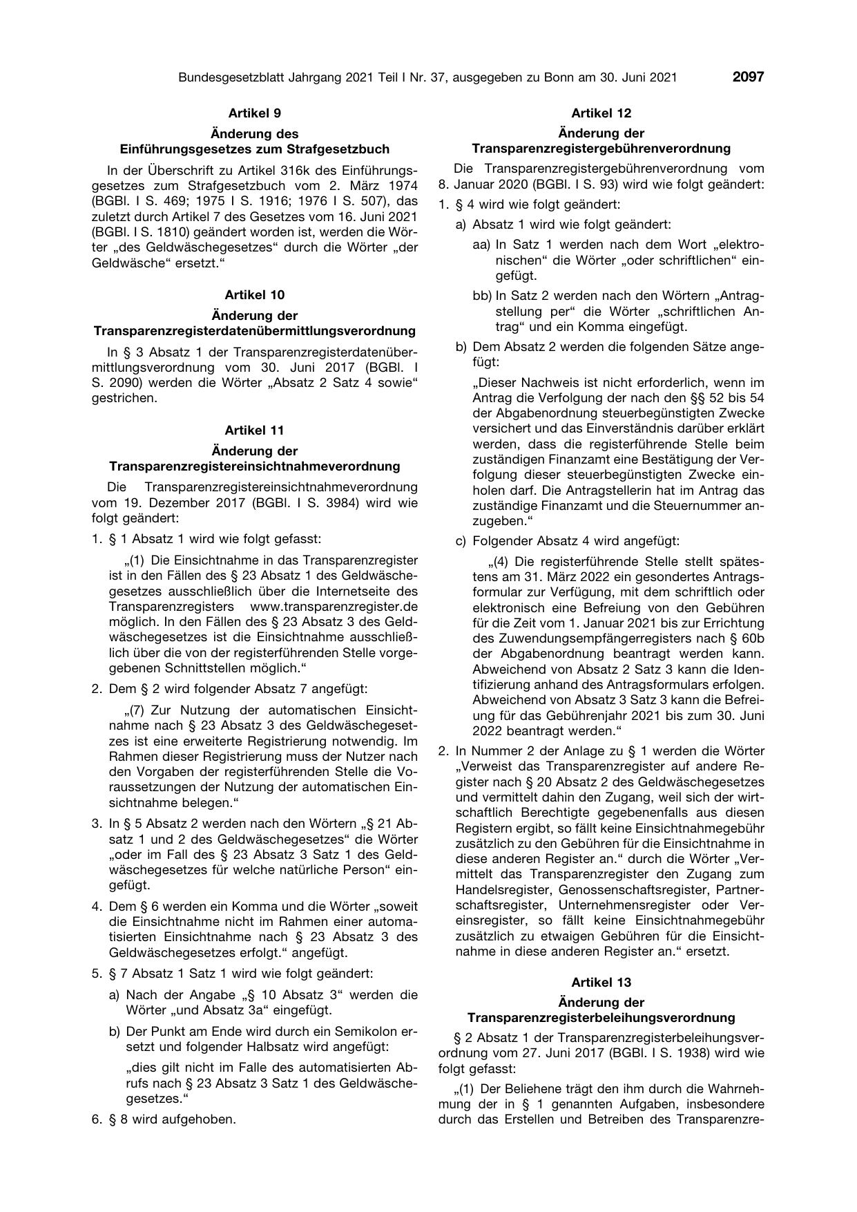 BGBl. 2021, Seite 2097 — Originalseite als Abbildung