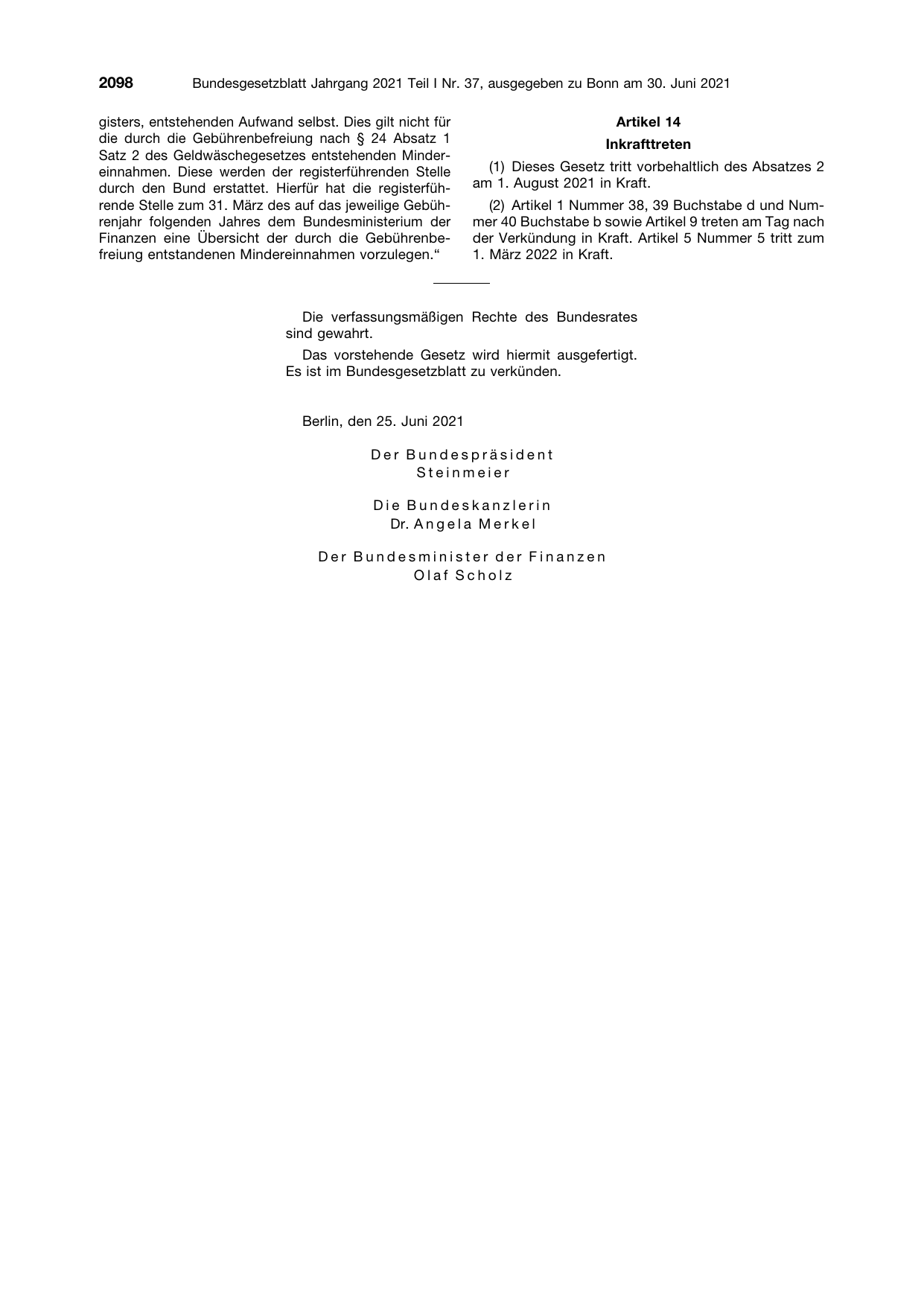 BGBl. 2021, Seite 2098 — Originalseite als Abbildung