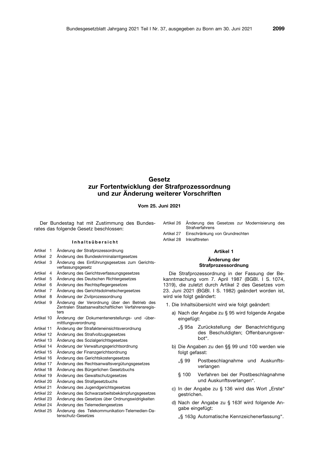 BGBl. 2021, Seite 2099 — Originalseite als Abbildung
