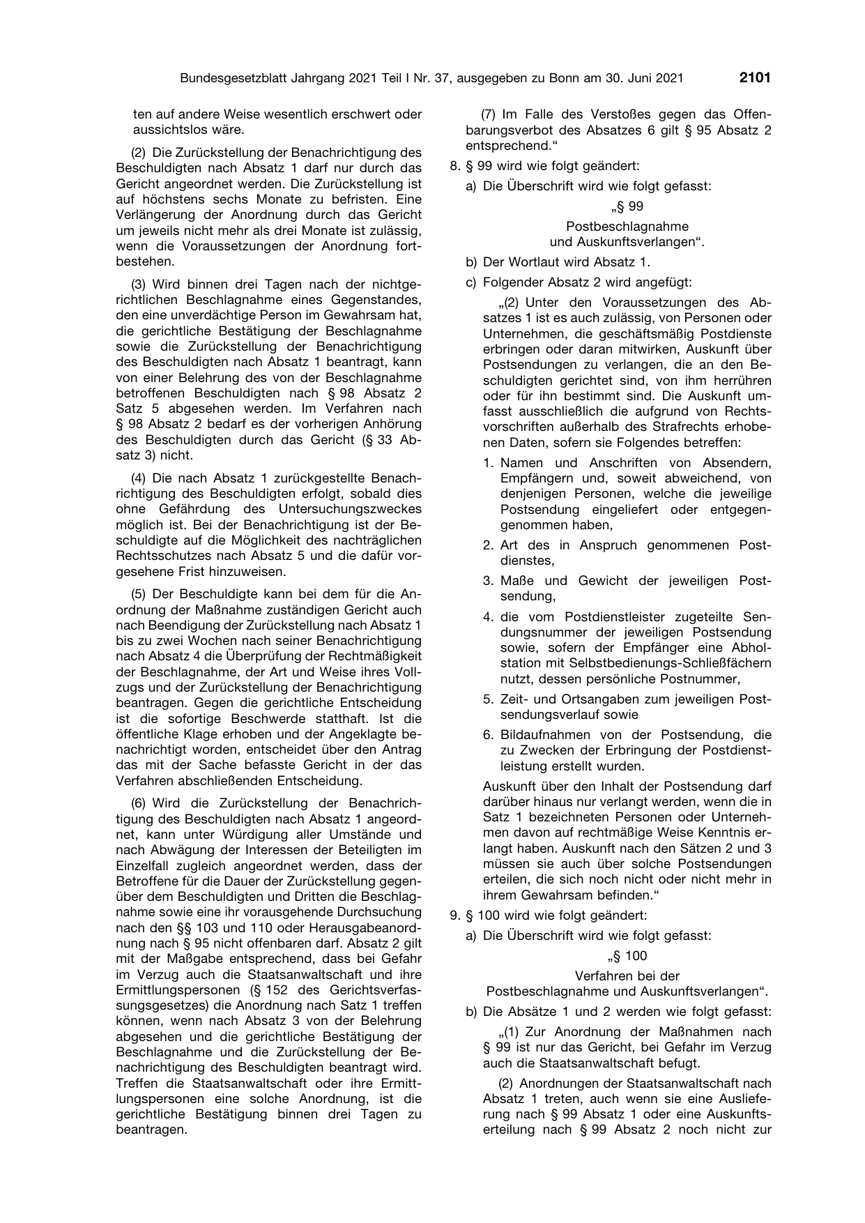 BGBl. 2021, Seite 2101 — Originalseite als Abbildung