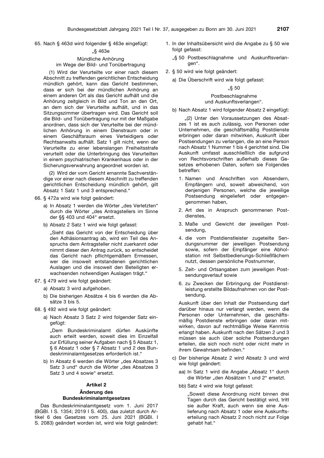 BGBl. 2021, Seite 2107 — Originalseite als Abbildung