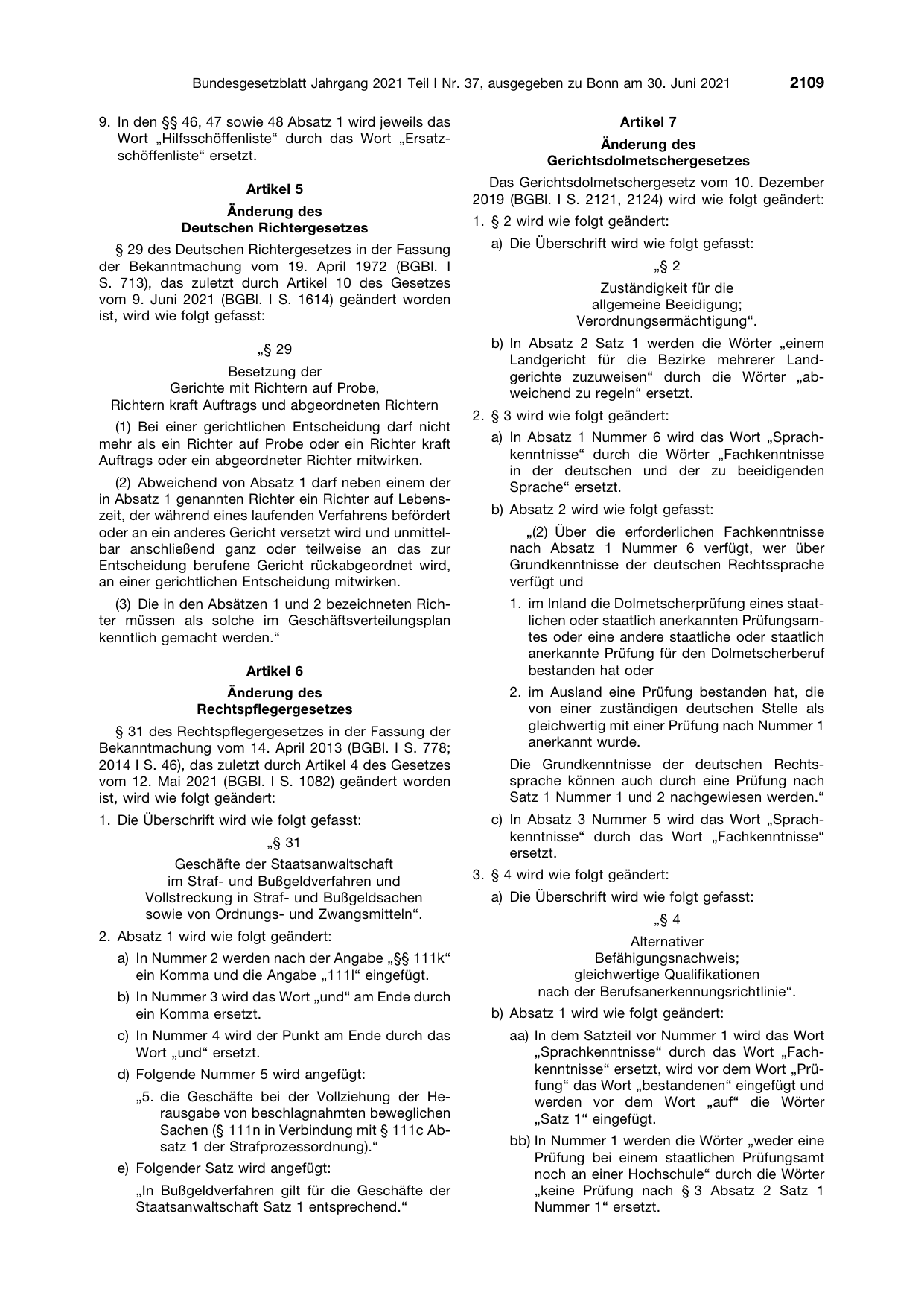 BGBl. 2021, Seite 2109 — Originalseite als Abbildung