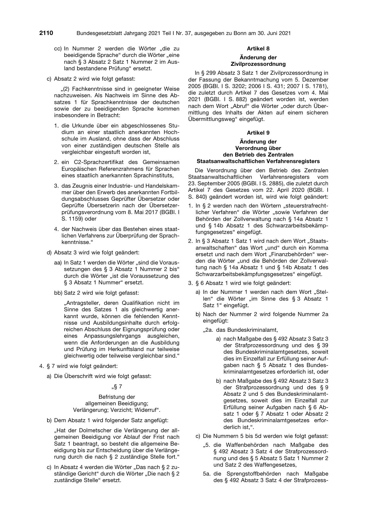 BGBl. 2021, Seite 2110 — Originalseite als Abbildung
