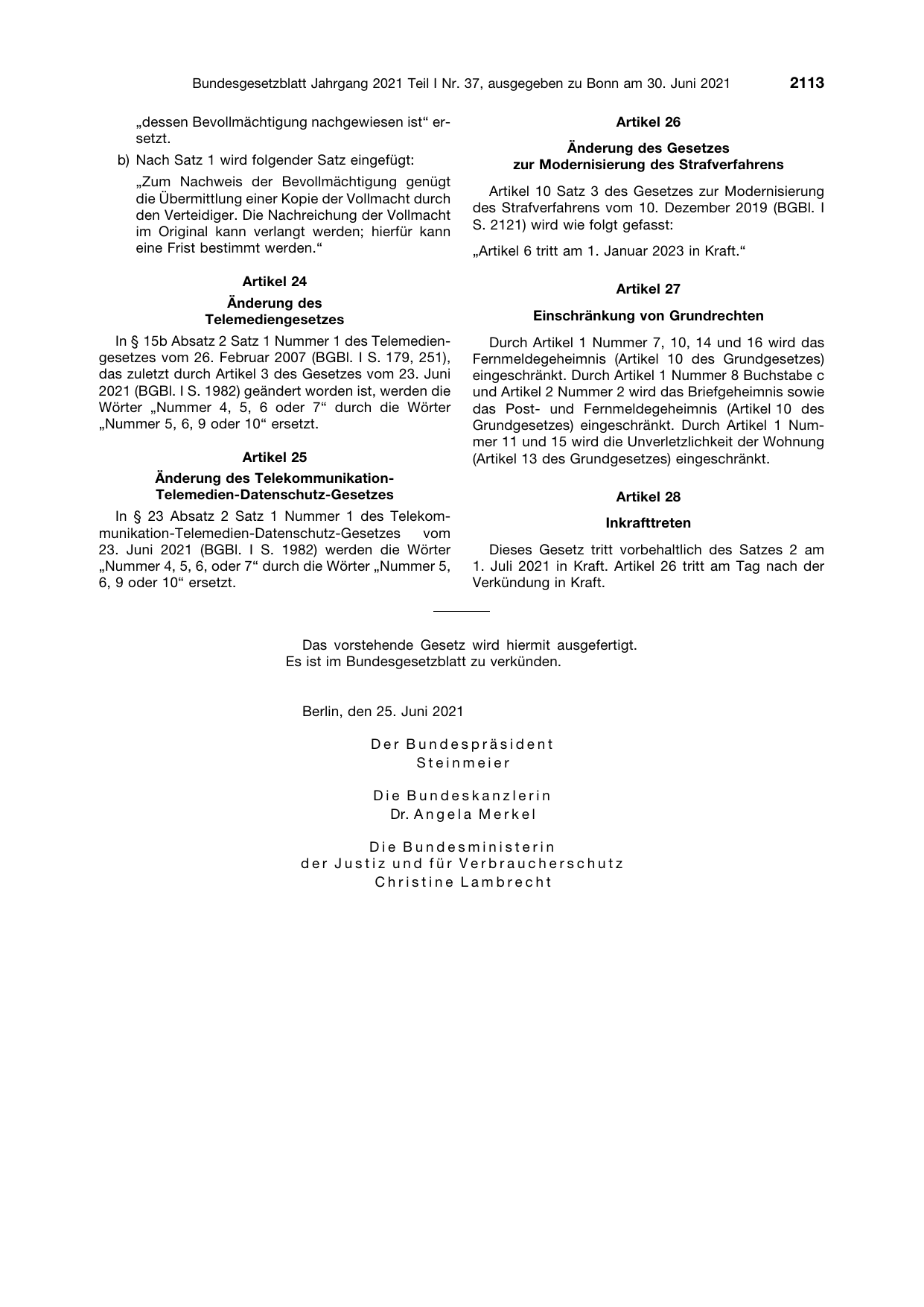 BGBl. 2021, Seite 2113 — Originalseite als Abbildung
