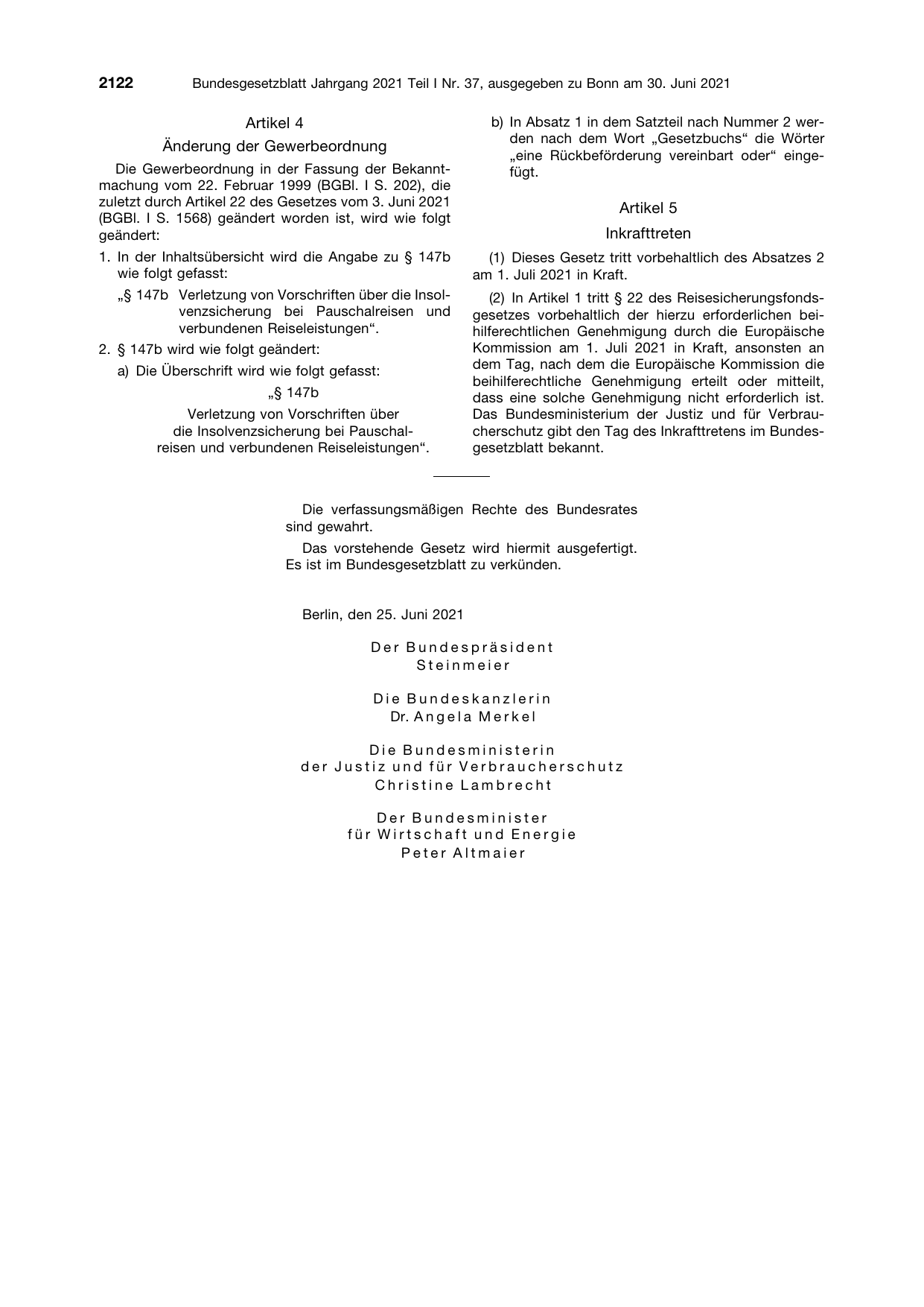 BGBl. 2021, Seite 2122 — Originalseite als Abbildung