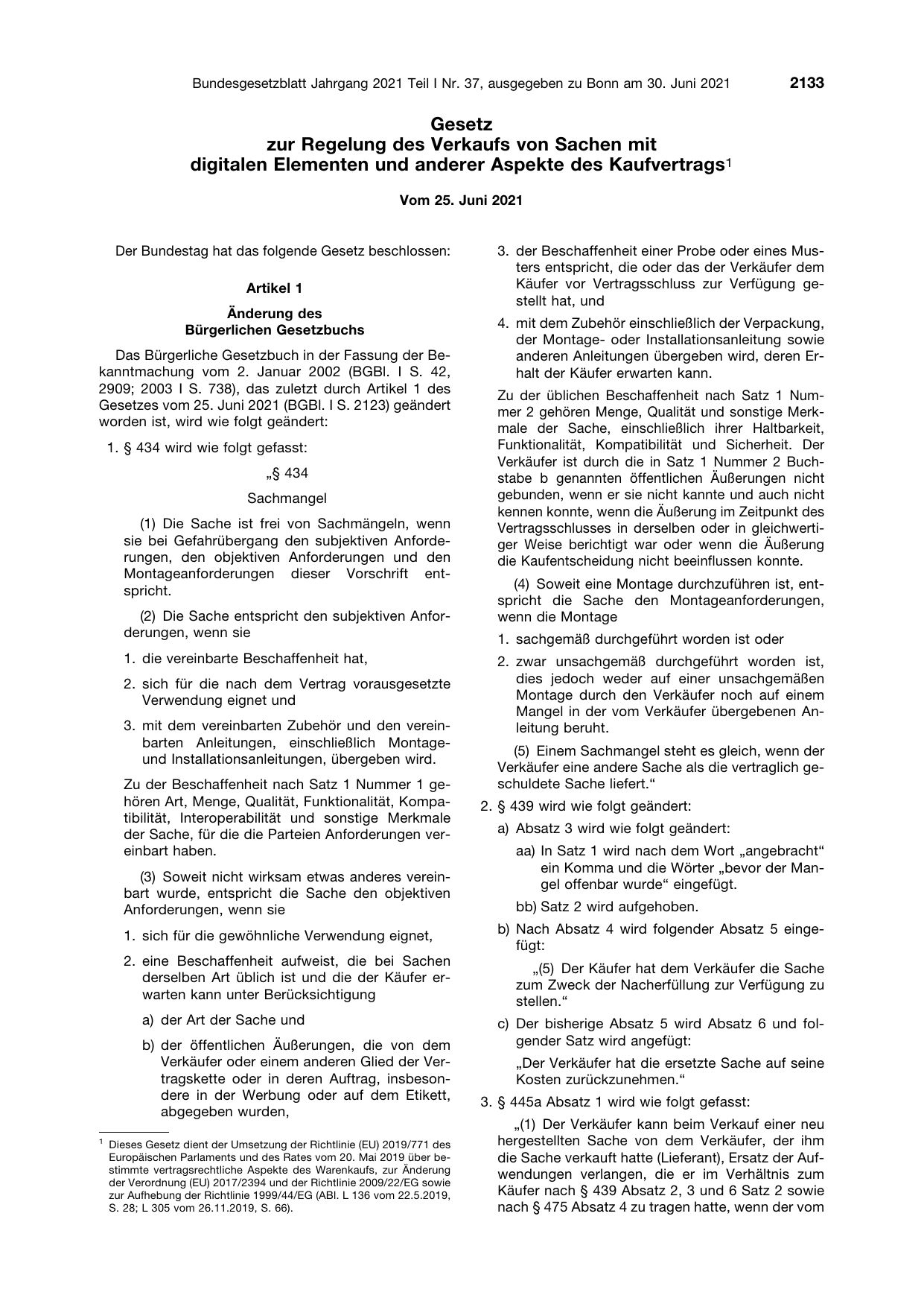 BGBl. 2021, Seite 2133 — Originalseite als Abbildung