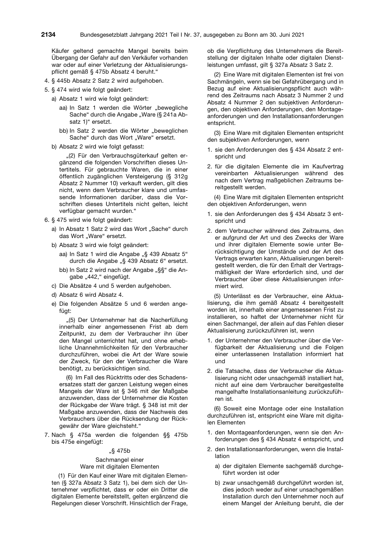 BGBl. 2021, Seite 2134 — Originalseite als Abbildung