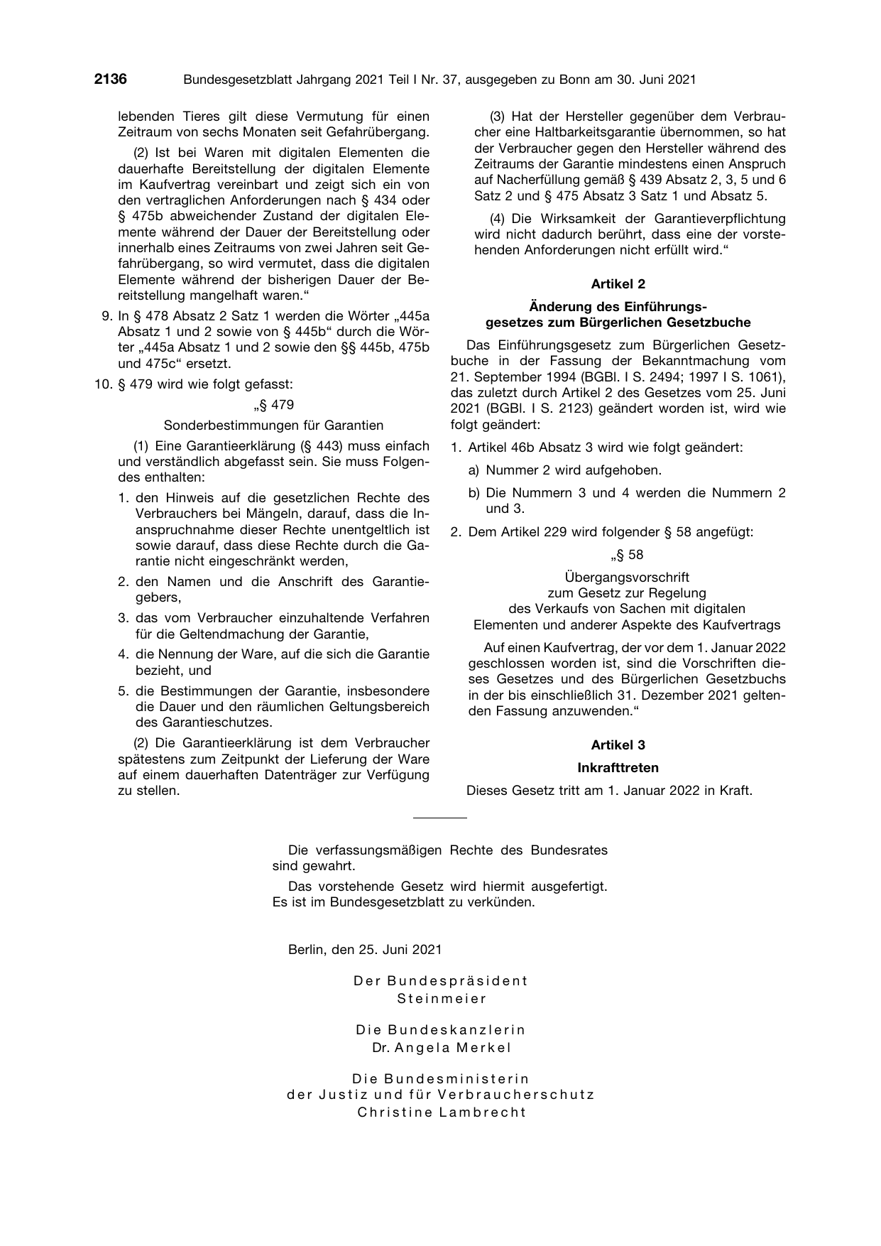 BGBl. 2021, Seite 2136 — Originalseite als Abbildung