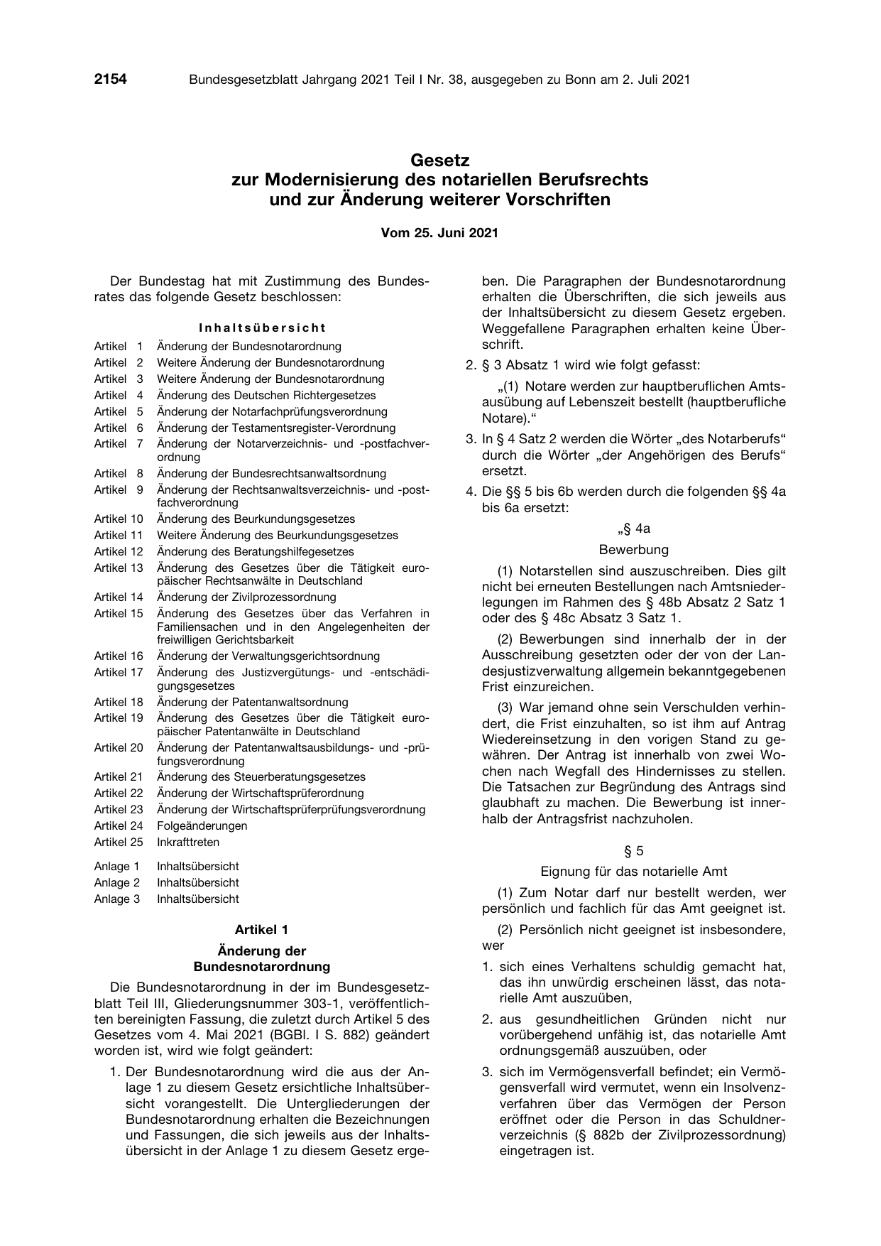 BGBl. 2021, Seite 2154 — Originalseite als Abbildung